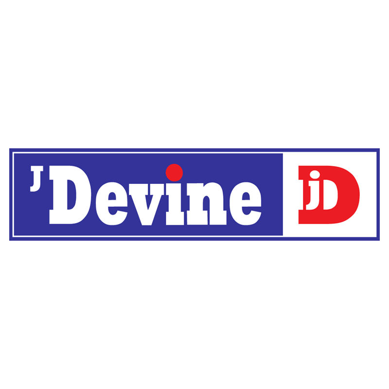 Logo with the text "J'Devine" in blue, white, and red colors, with a stylized "D" and a red dot above the "i".