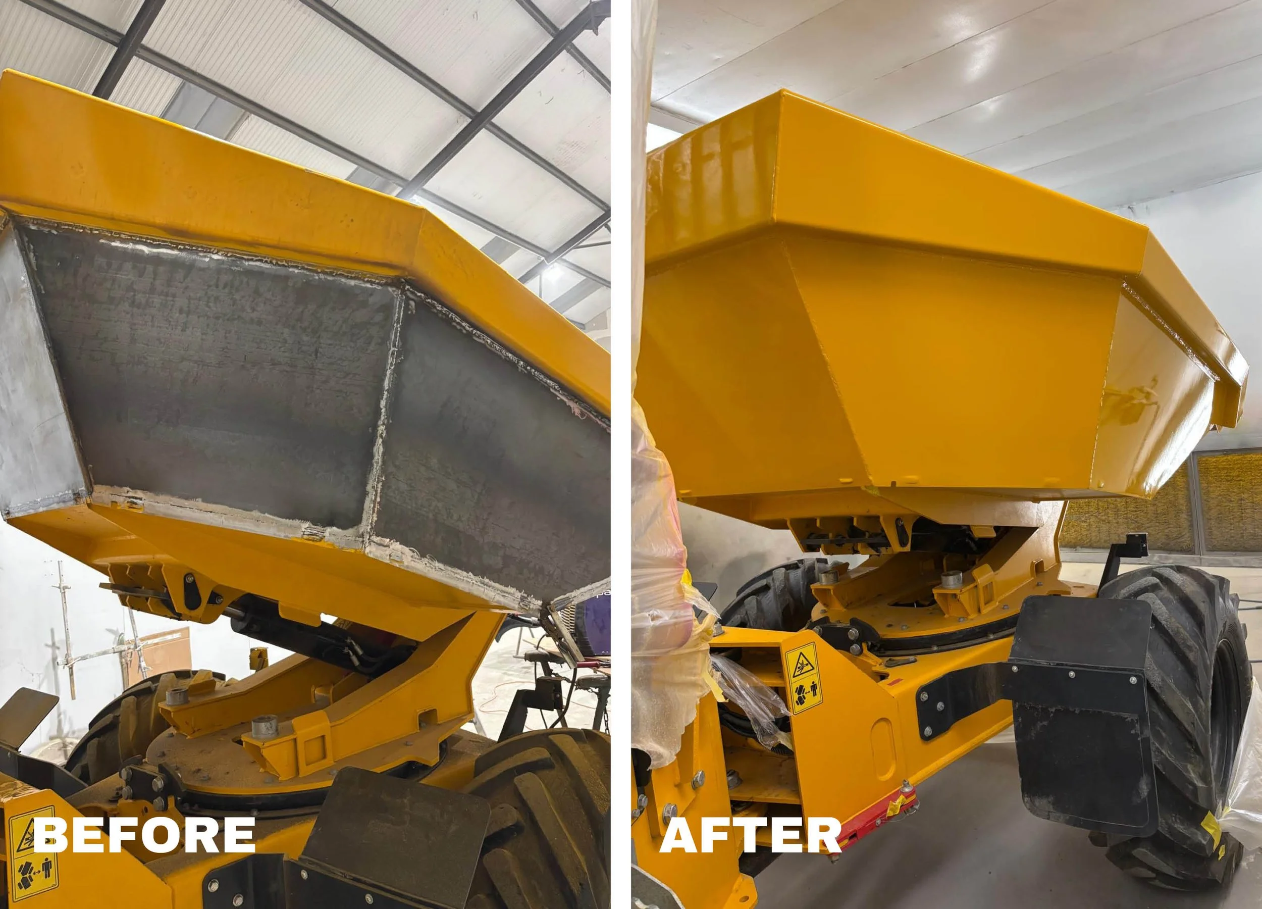Comparison of a yellow construction dump truck before and after restoration. The 'before' image shows the interior of the dump bed with worn, rusty surface. The 'after' image displays the same dump bed freshly painted yellow, clean and shiny.