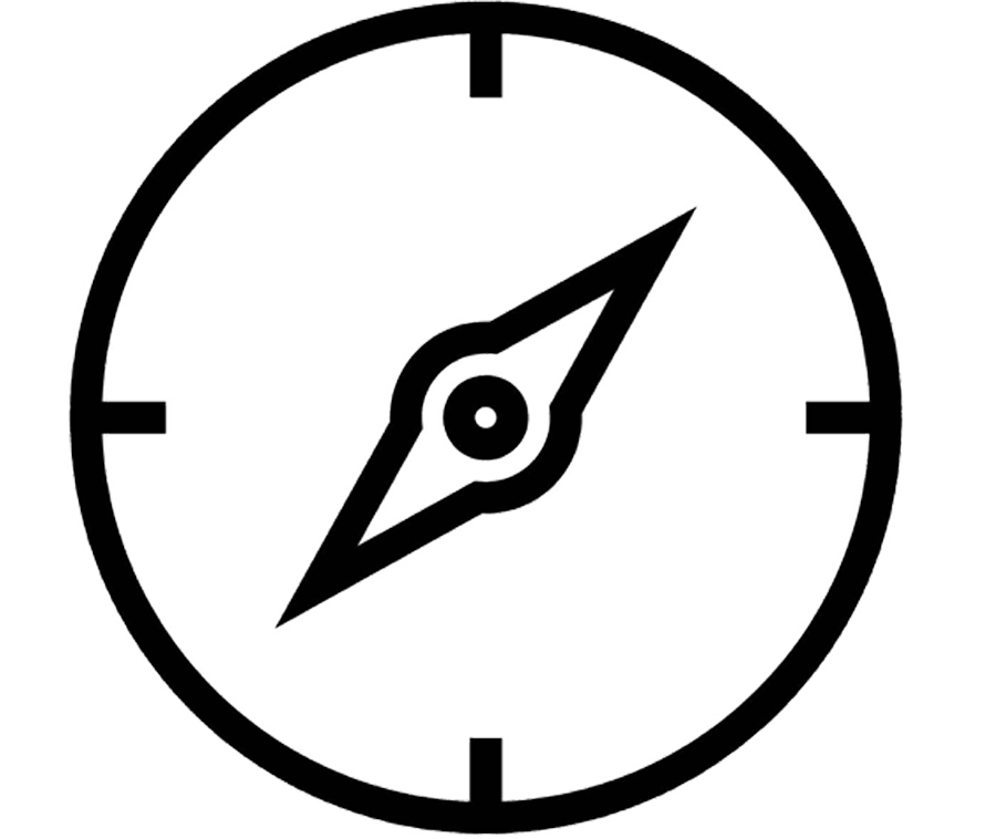 Black and white illustration of a compass with a pointed arrow