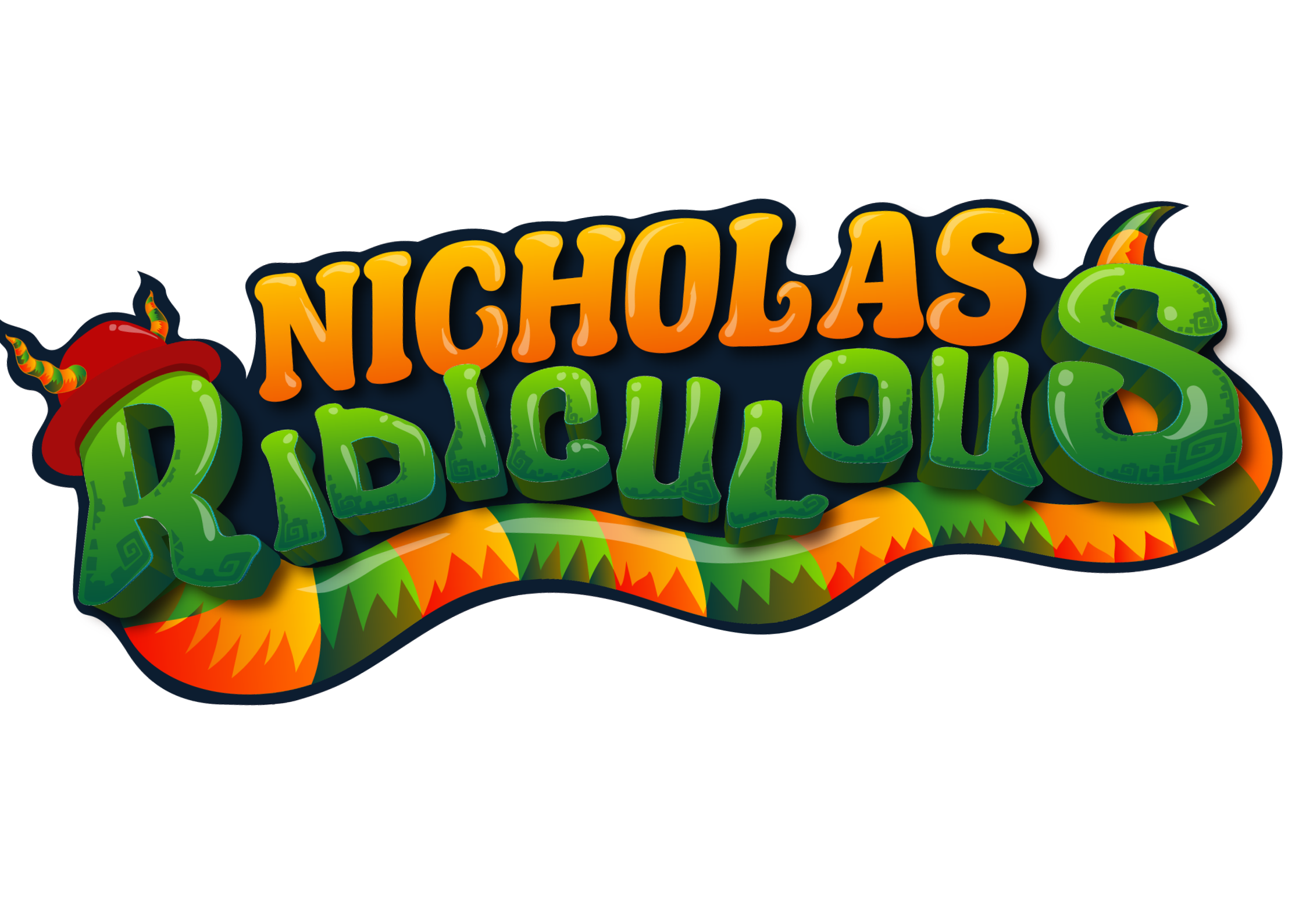 Colorful logo for Nicolas Ridiculous featuring stylized text with a Halloween theme, including a green snake in a red hat with horns wrapped around the word 'RIDICULOUS' and a background with zigzag patterns in orange, green, and yellow.