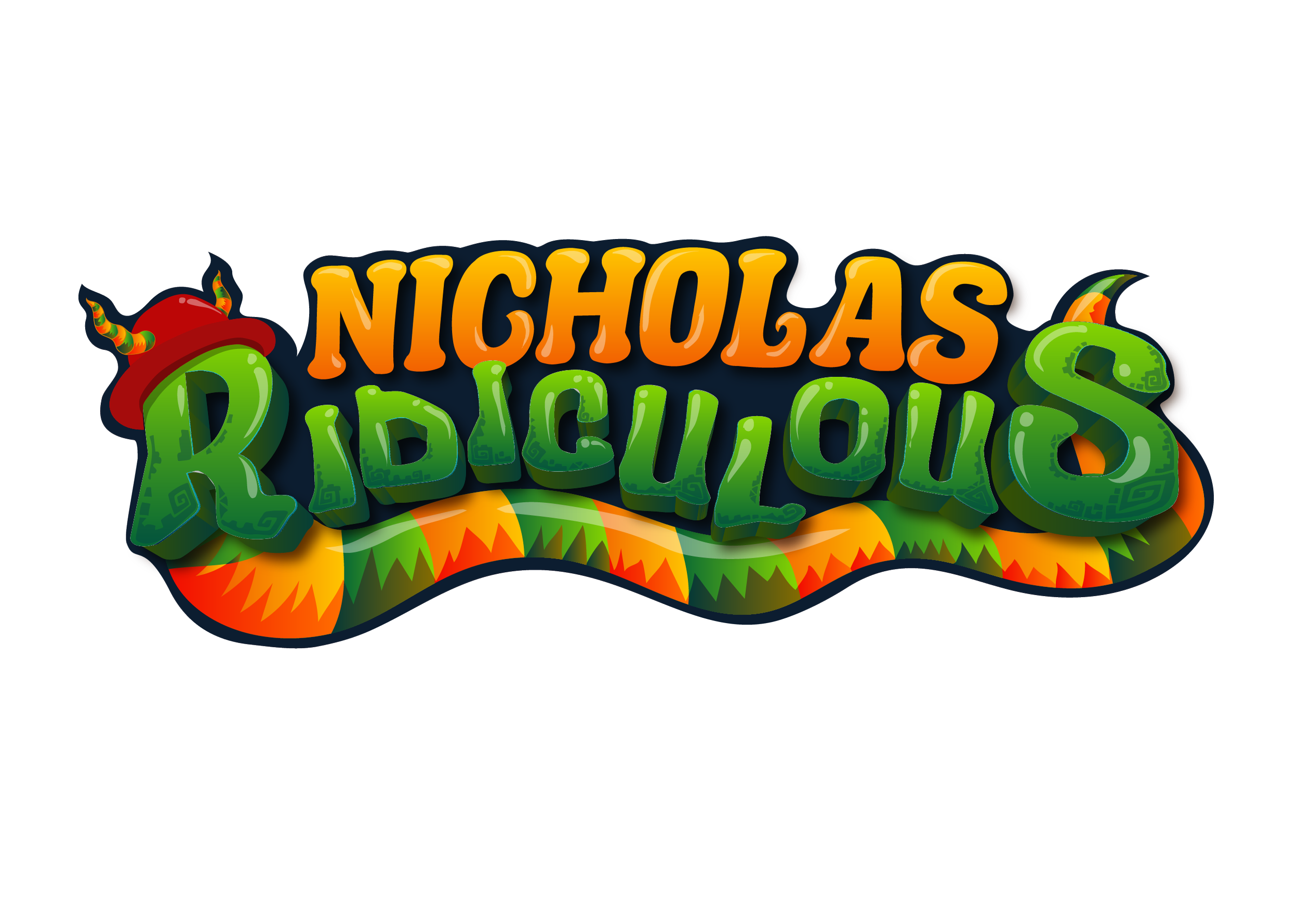 Colorful logo for Nicholas Ridiculous, featuring whimsical, cartoonish text in orange and green with a decorative border, and a small red hat with horns on the letter 'R'.