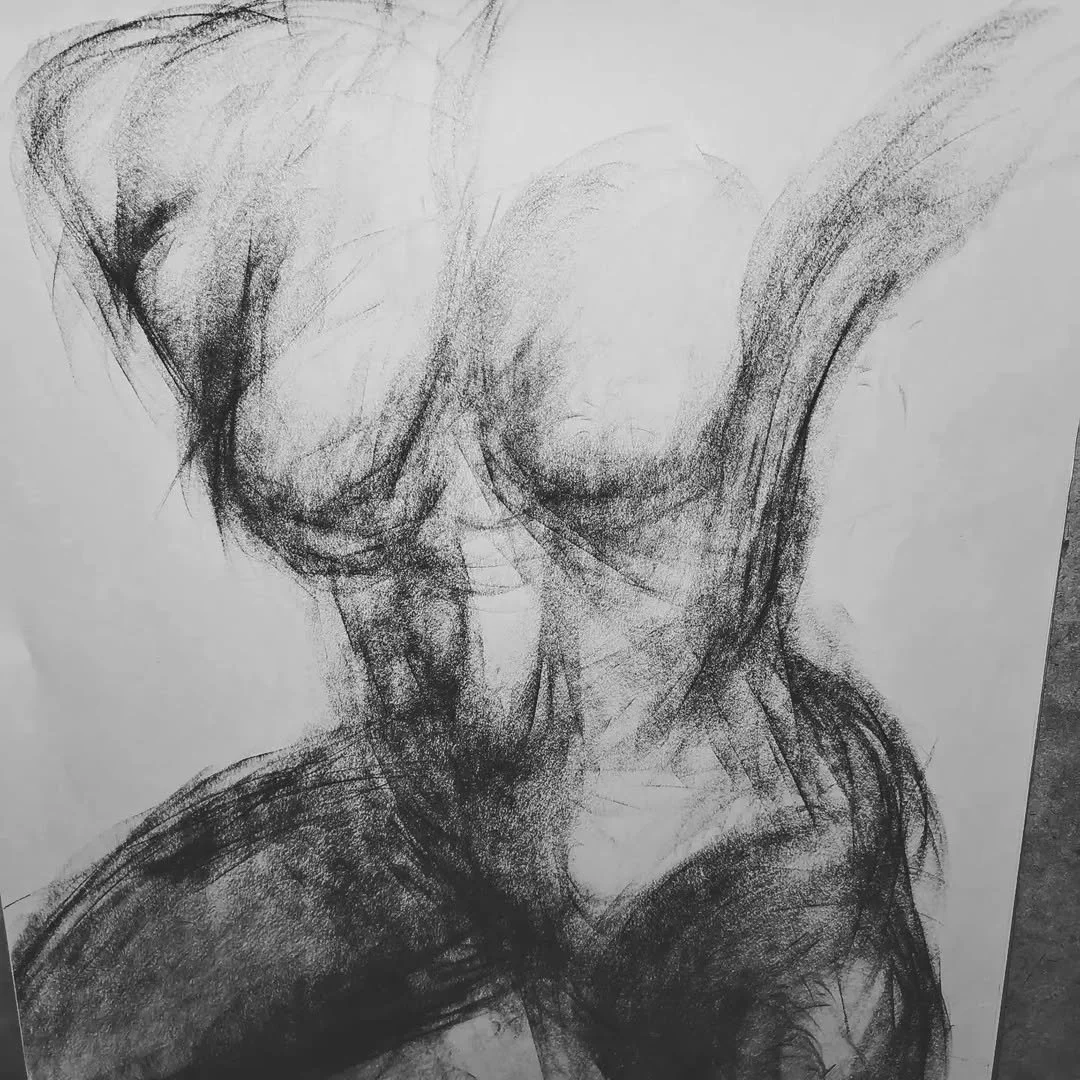 A sketch of a human torso, focusing on muscles and structure, drawn with dark, expressive lines and shading.