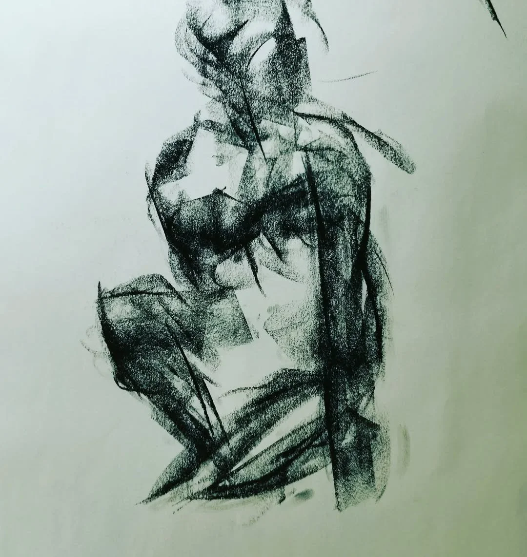 A black and white sketch of a woman with short hair, shown from the shoulders up, with her eyes closed and head tilted slightly to the side.