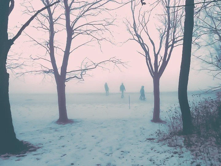 Snow-covered park with leafless trees and three distant people walking through foggy atmosphere.