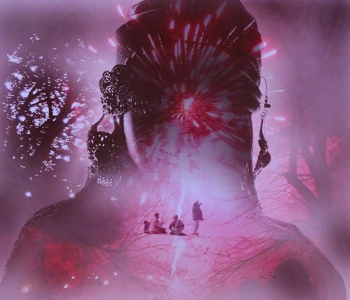 Silhouette of a woman in traditional Asian attire with a decorated hair bun, overlaid with a scene of three children and one adult sitting outdoors, surrounded by trees and pinkish-purple lighting, creating a dreamlike double exposure effect.