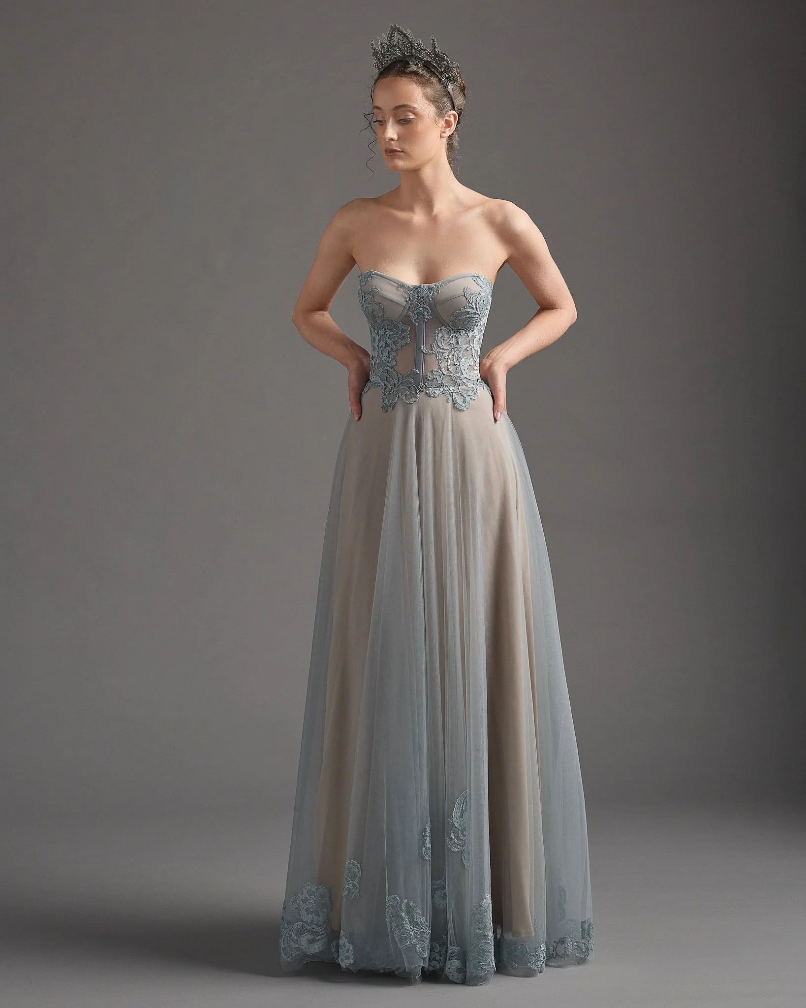 Cumulus in slate blue tulle and lace with Anna headpiece