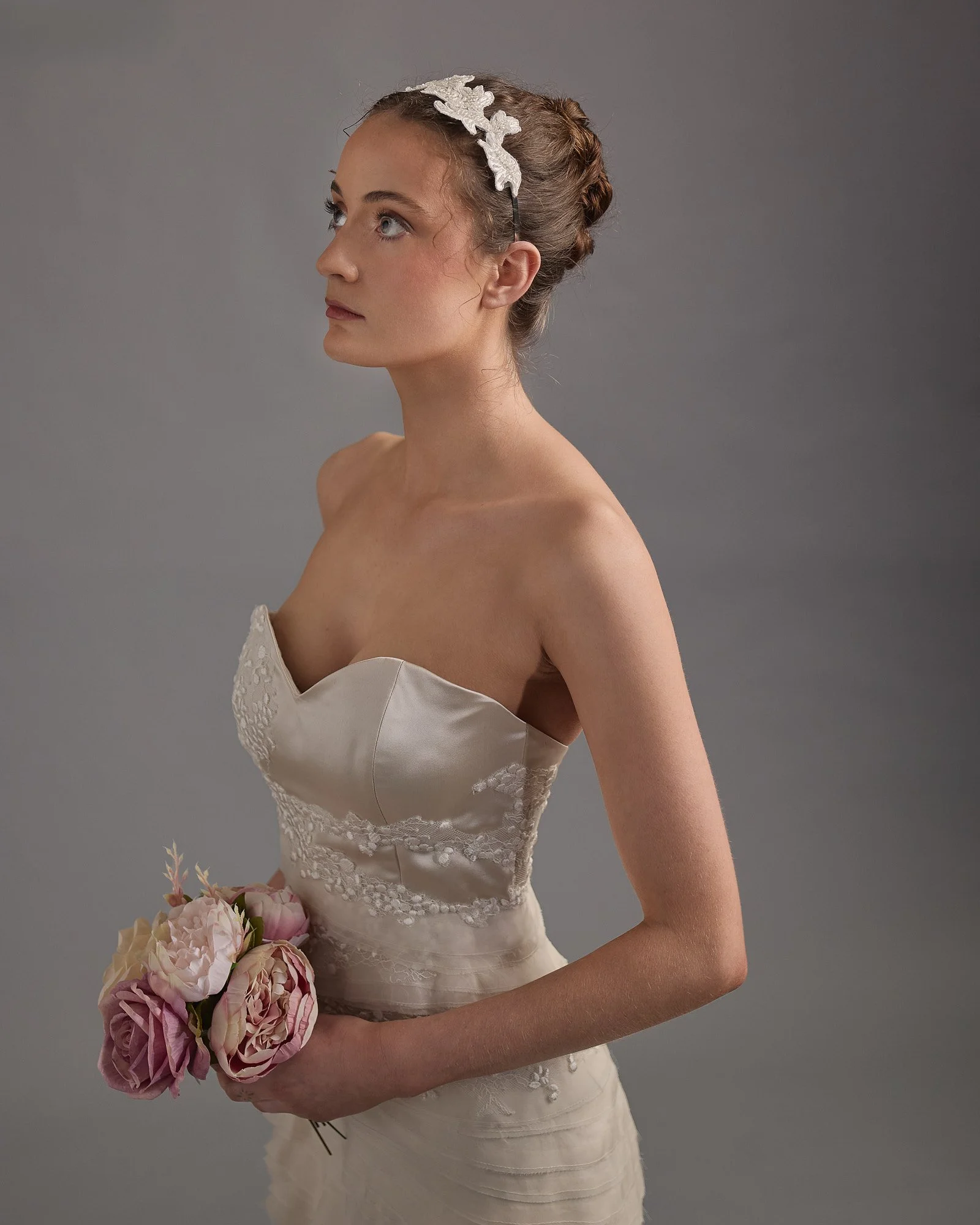 Strata in silk satin, silk organza and reclaimed lace - bodice detail 