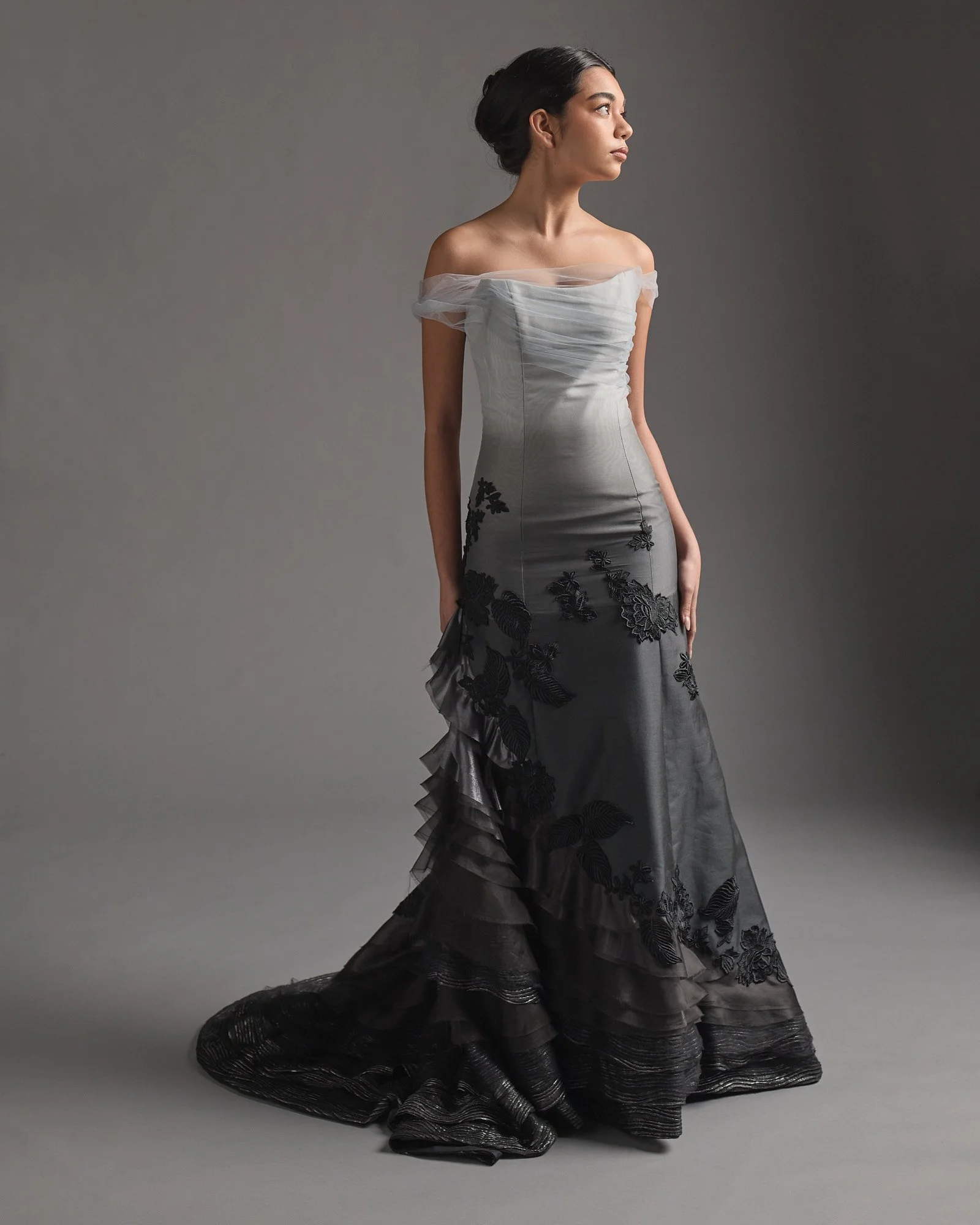 Torrent in grey silk chiffon and charcoal silk twill