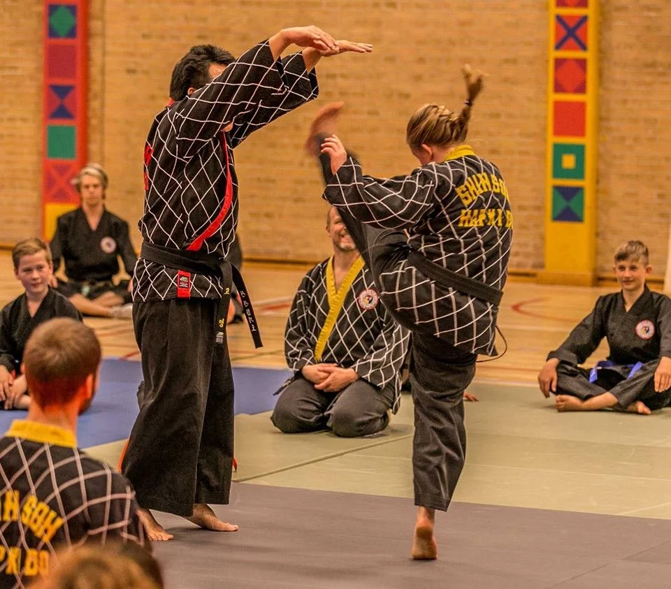 Two martial artists practicing a move during a class, with children in martial arts uniforms sitting on the floor and a brick wall in the background.
