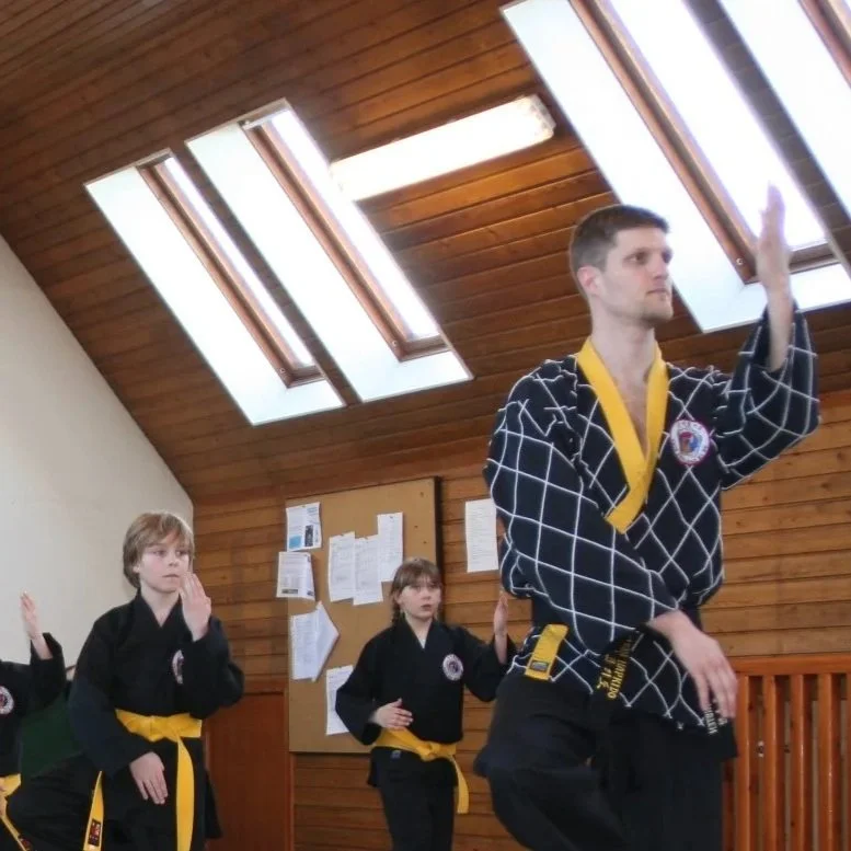 Martial arts class with instructor demonstrating techniques to children dressed in black uniforms with yellow belts, inside a wooden-paneled room with skylights.
