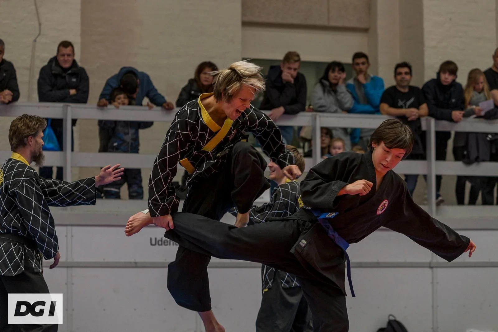 Two martial artists in black uniforms with a purple belt and a yellow belt sparring during a Brazilian Jiu-Jitsu competition, with spectators watching from the stands.