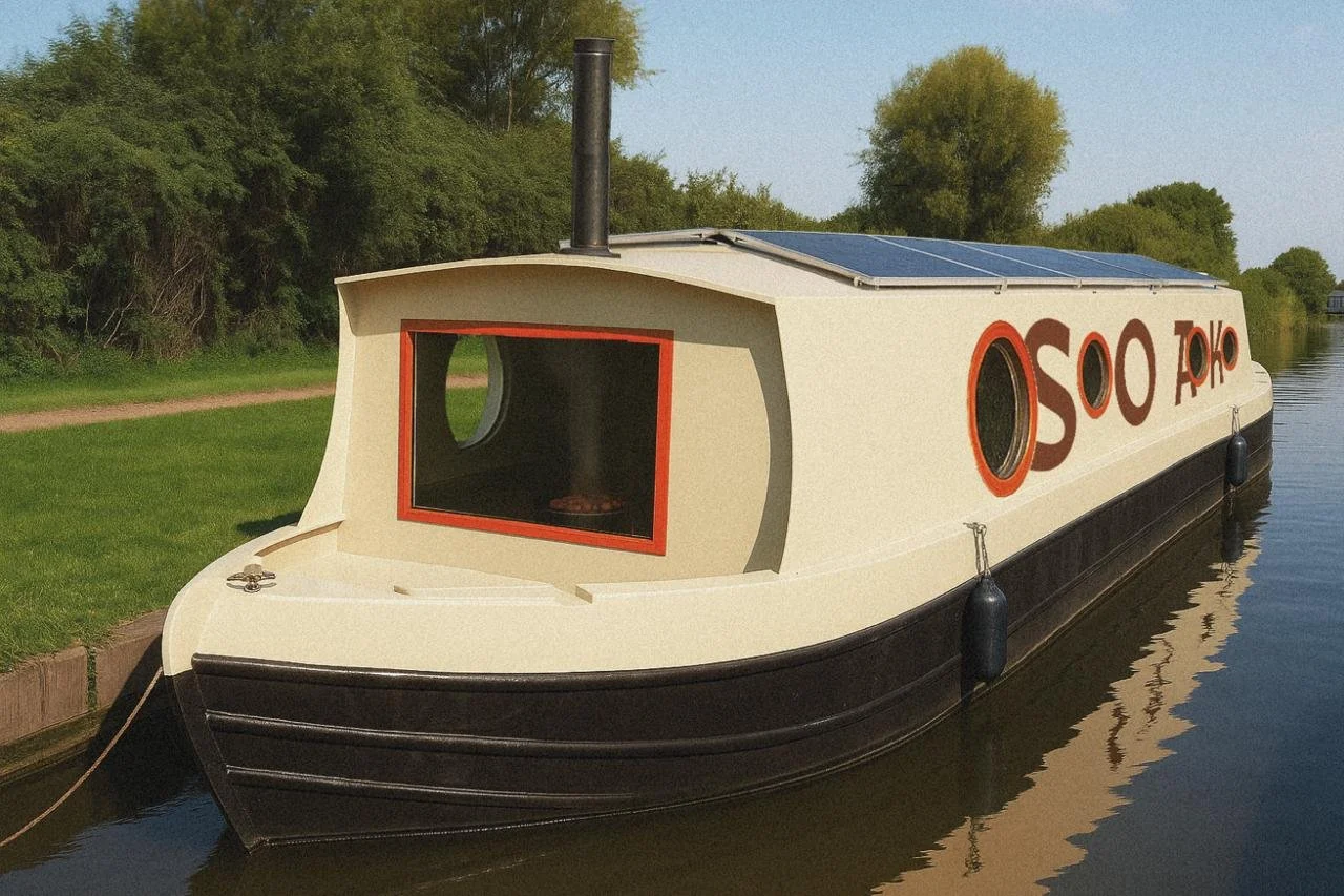 The sauna on a canal boat docked on a calm river, with solar panels on the roof and large round windows on the side looking into the sauna