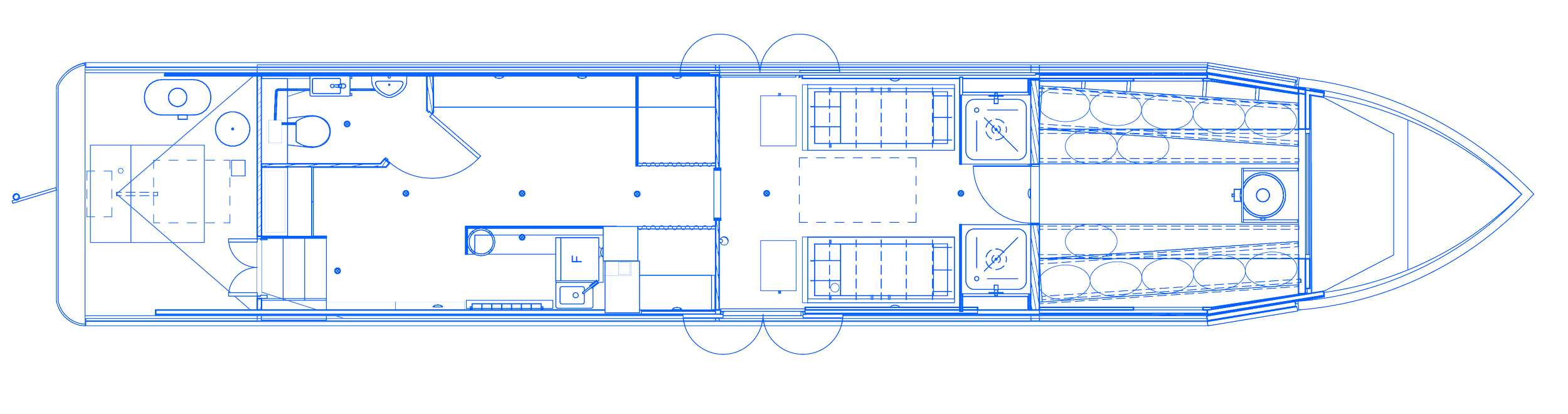 Blueprint of a sauna boat showing various rooms and equipment layout.