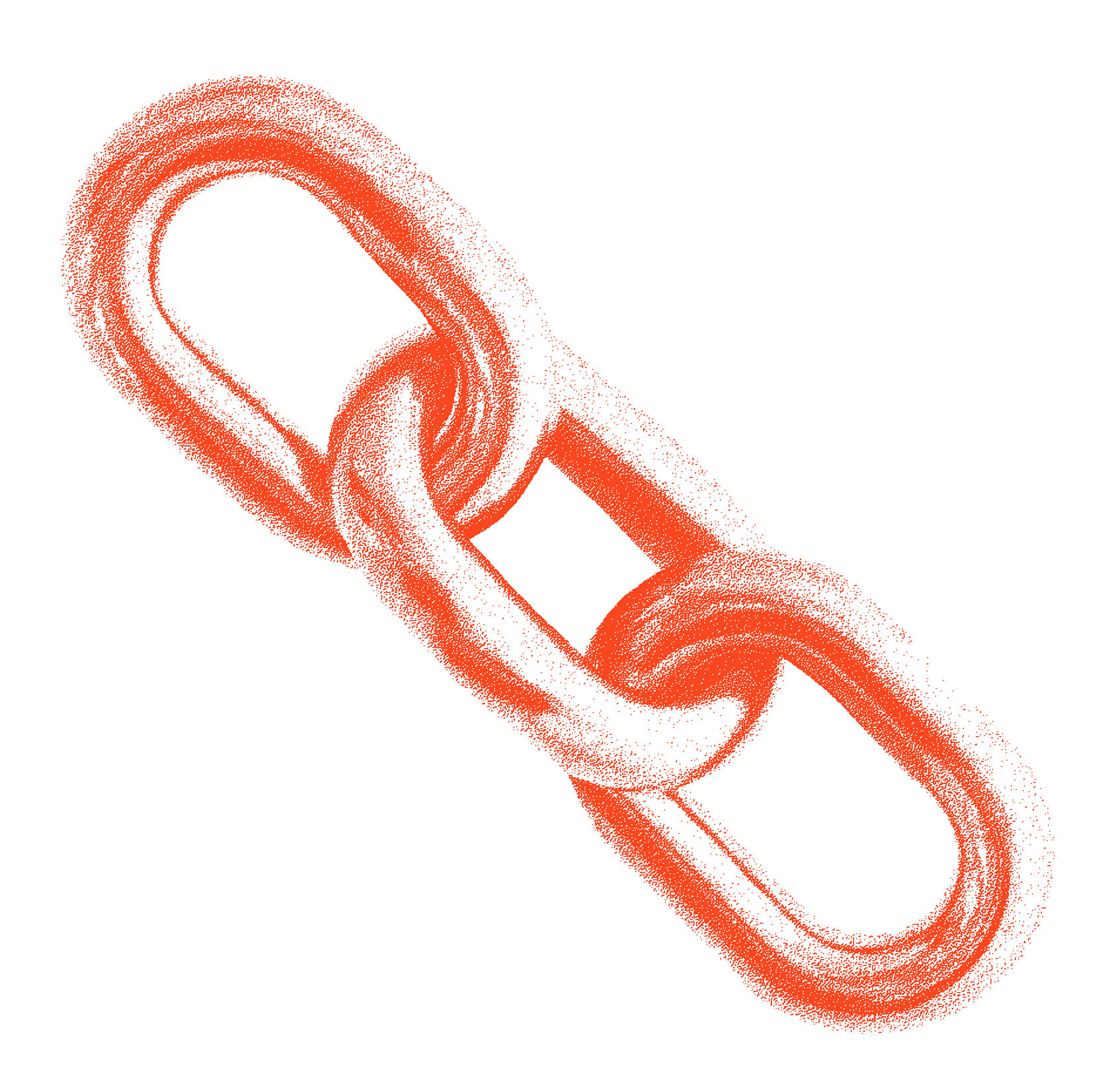 An orange digital wireframe model of a chain link, representing connection whilst using the sauna, and the links the connect the boat to land