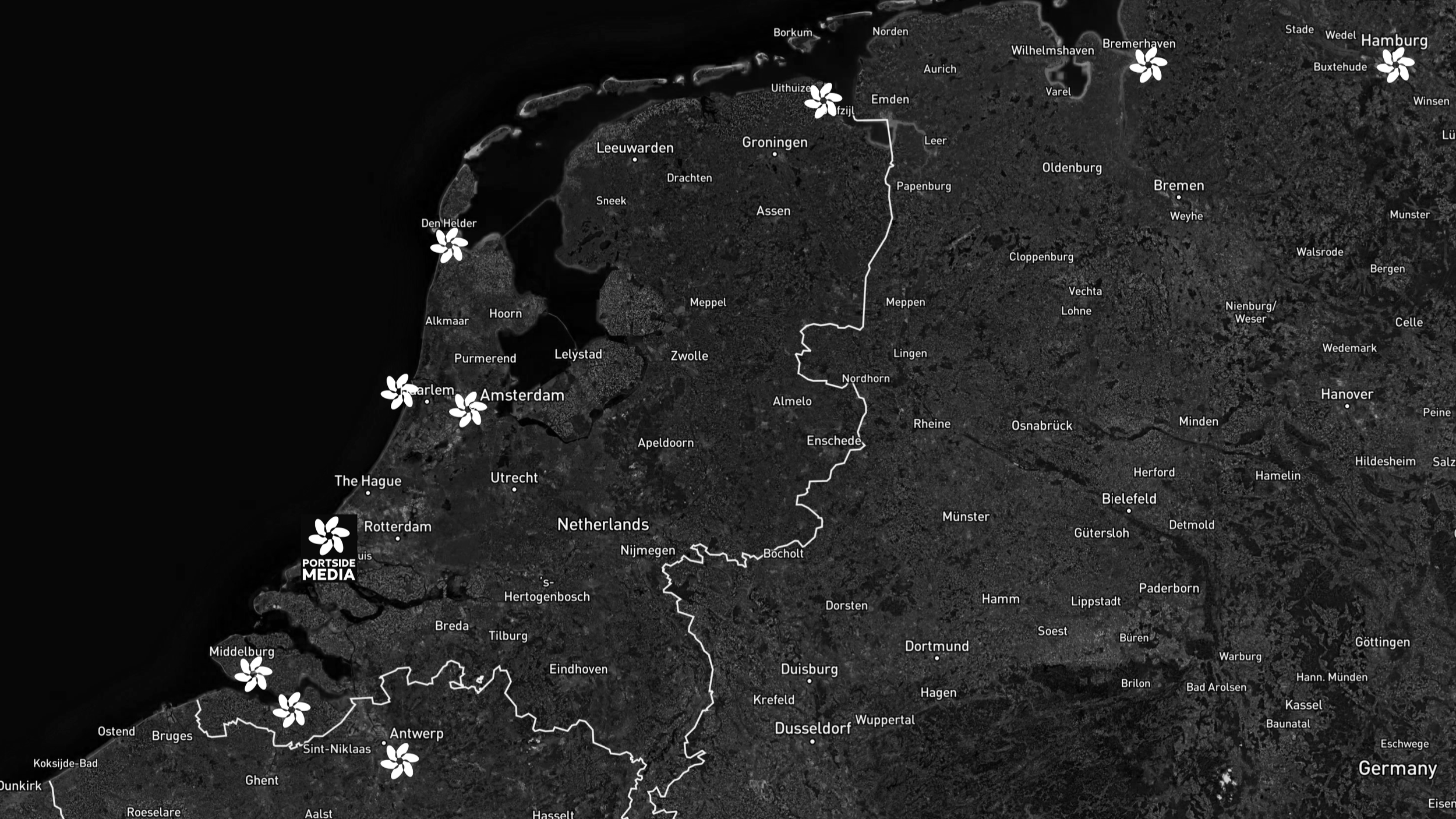 Map showing PortSide Media operational range across major ports in Netherlands, Belgium and Germany including Rotterdam, Amsterdam, Antwerp, Hamburg, Bremen, Vlissingen, Eemshaven and Zeebrugge