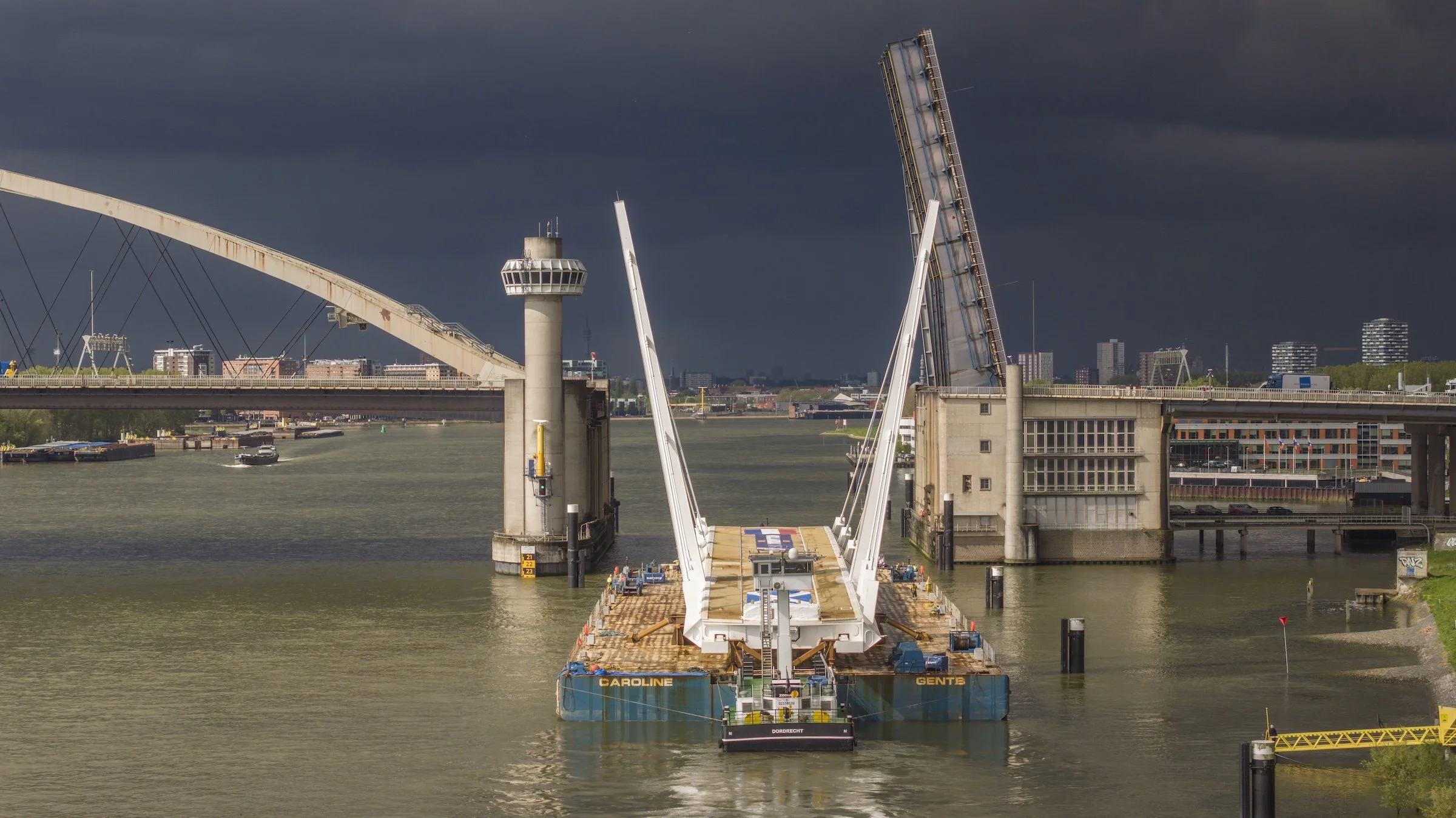 Hollandia bridge transport Erasmus Bridge Rotterdam Kop van Zuid heavy-lift operations industrial photography