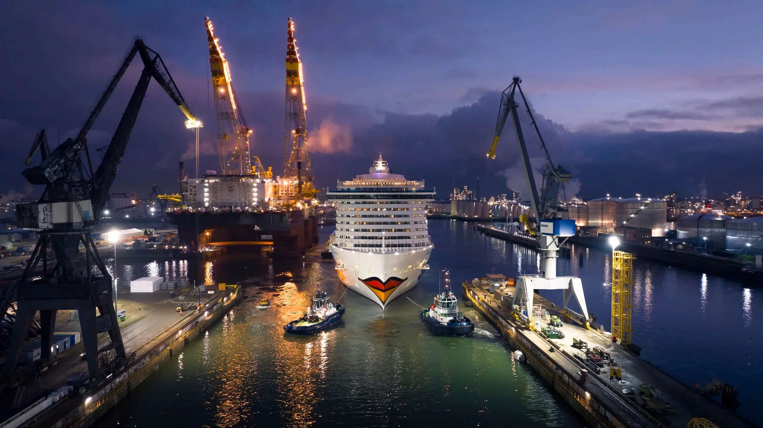 AIDAnova AIDA Cruises arrival Damen Verolme Rotterdam night docking operations drone photography documentation