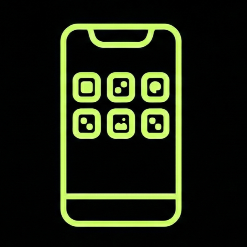 Neon green outline of a smartphone displaying multiple app icons against a black background.