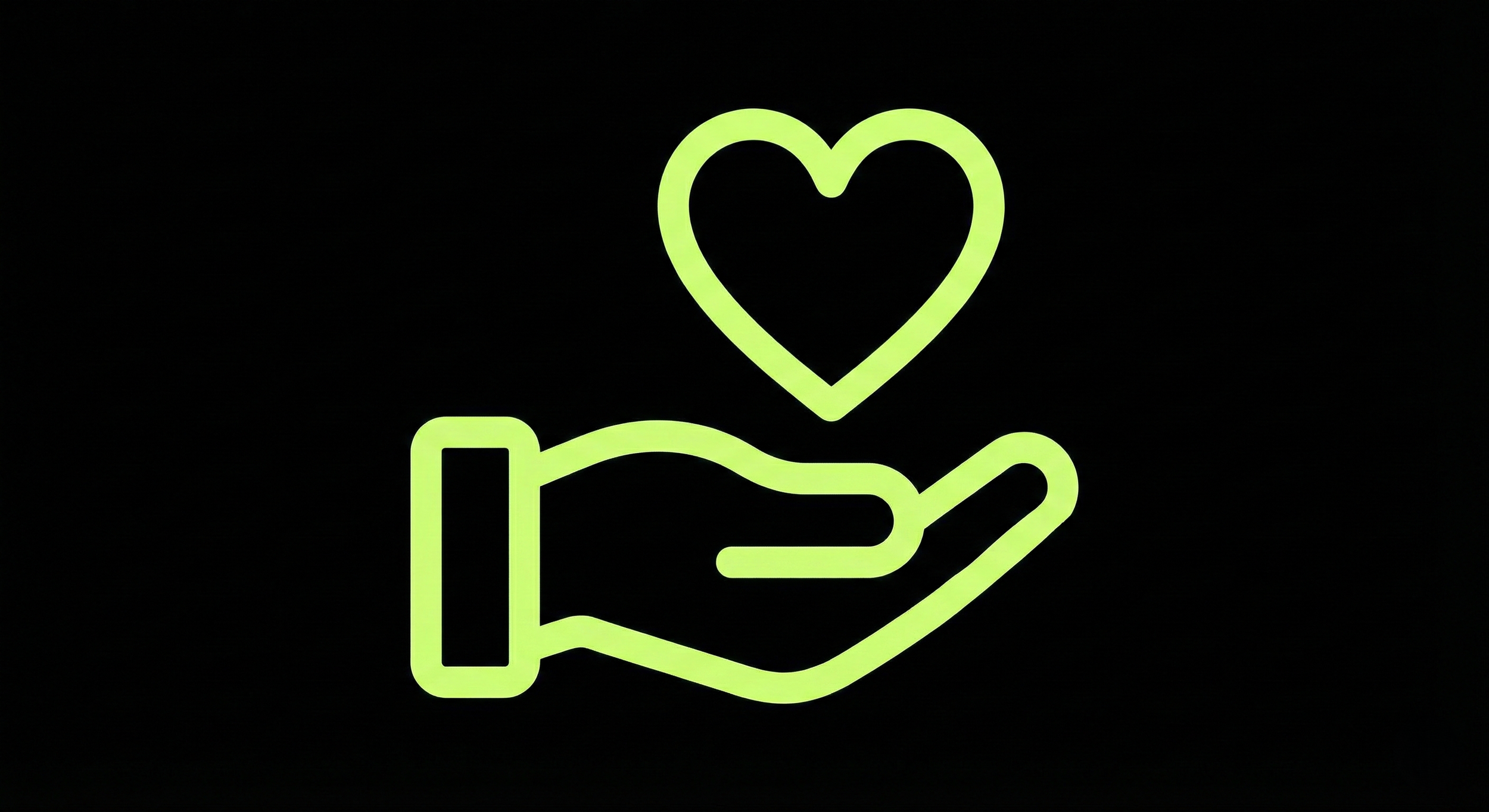 A neon green line drawing of an open hand with a heart above it on a black background.