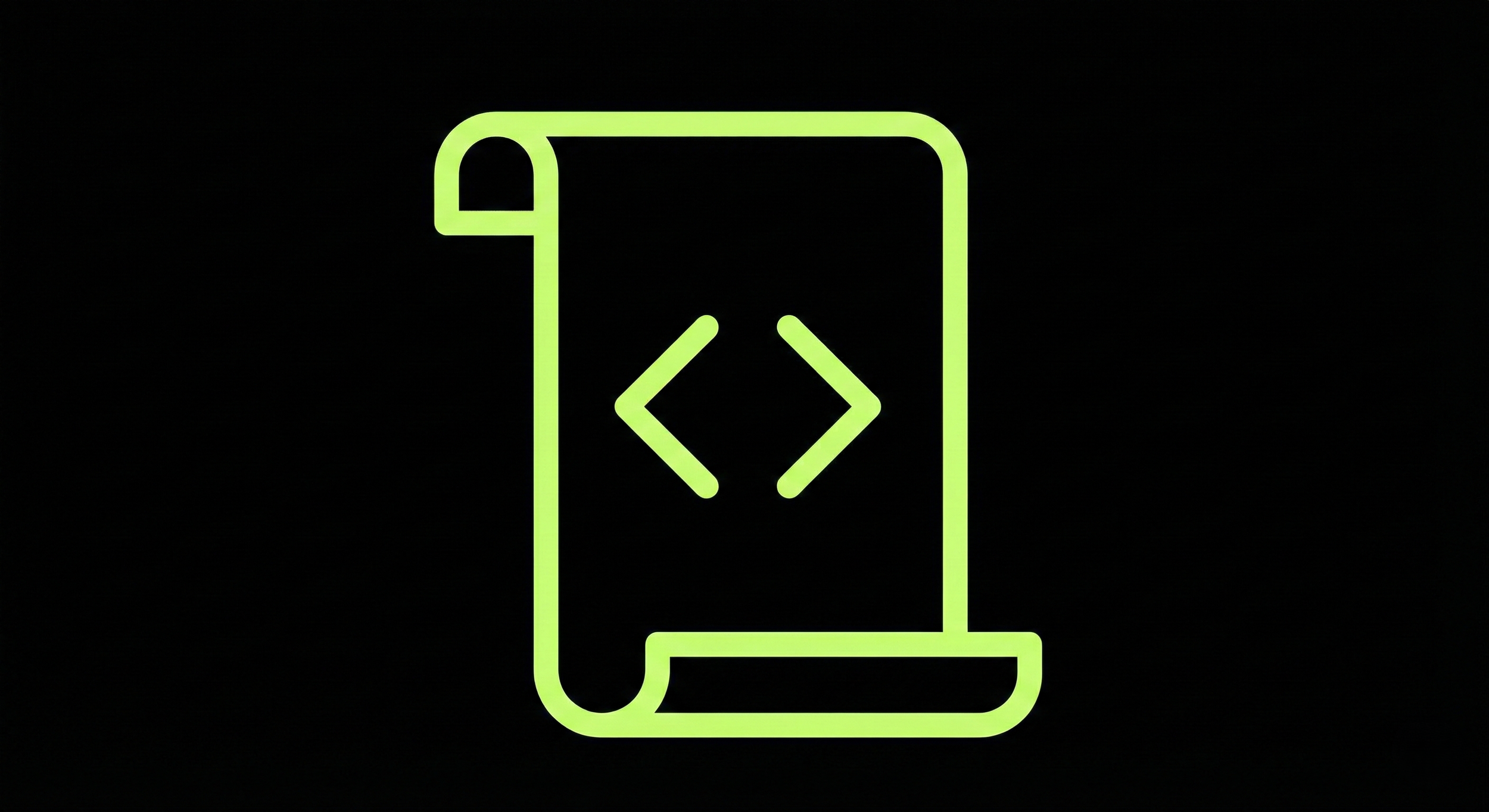 Neon green outline of a rolled-up paper with two angle brackets and a slash inside, symbolizing coding or programming, against a black background.
