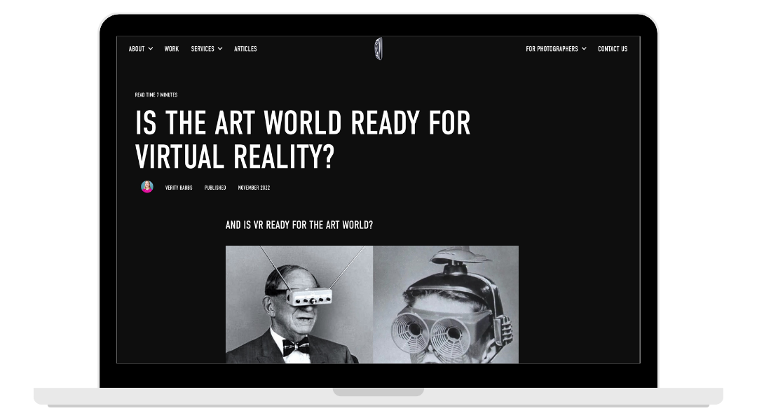 A laptop screen displaying a webpage titled 'Is the art world ready for virtual reality?' with two black-and-white pictures of people wearing or associated with virtual reality headsets.