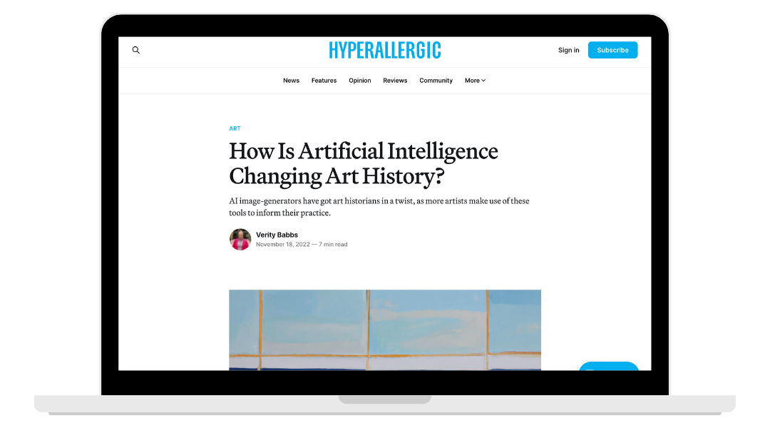 Laptop screen displaying an article titled 'How Is Artificial Intelligence Changing Art History?' on the website Hyperallergic.