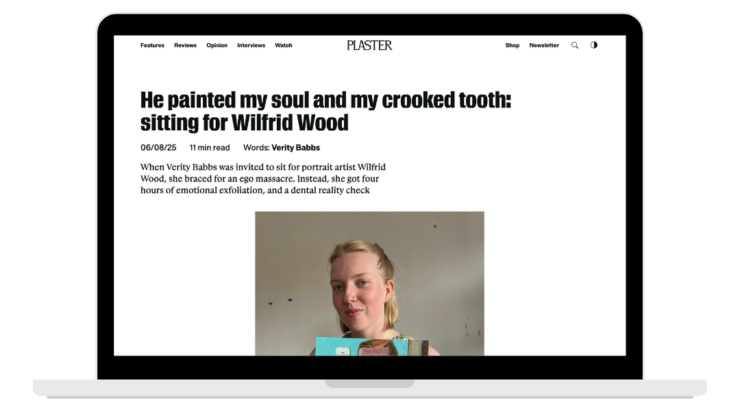 A laptop screen displaying an online article about Verity Babbs sitting for artist Wilfrid Wood, with a photo of Verity Babbs on the page.