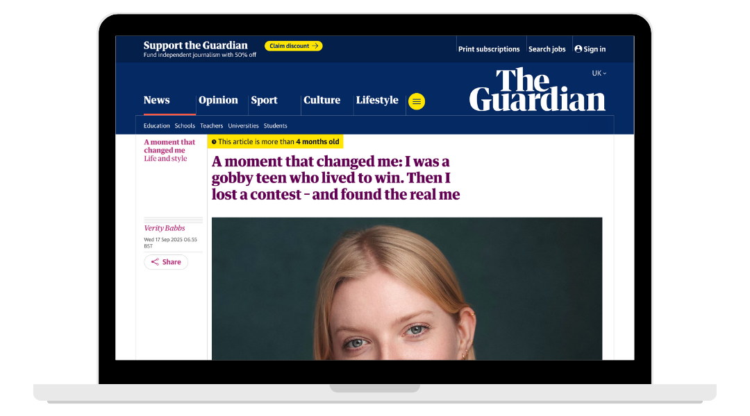 Screenshot of The Guardian news website on a laptop screen showing an article titled "A moment that changed me: I was a gobby teen who lived to win. Then I lost a contest - and found the real me" with a photo of a girl with light hair.