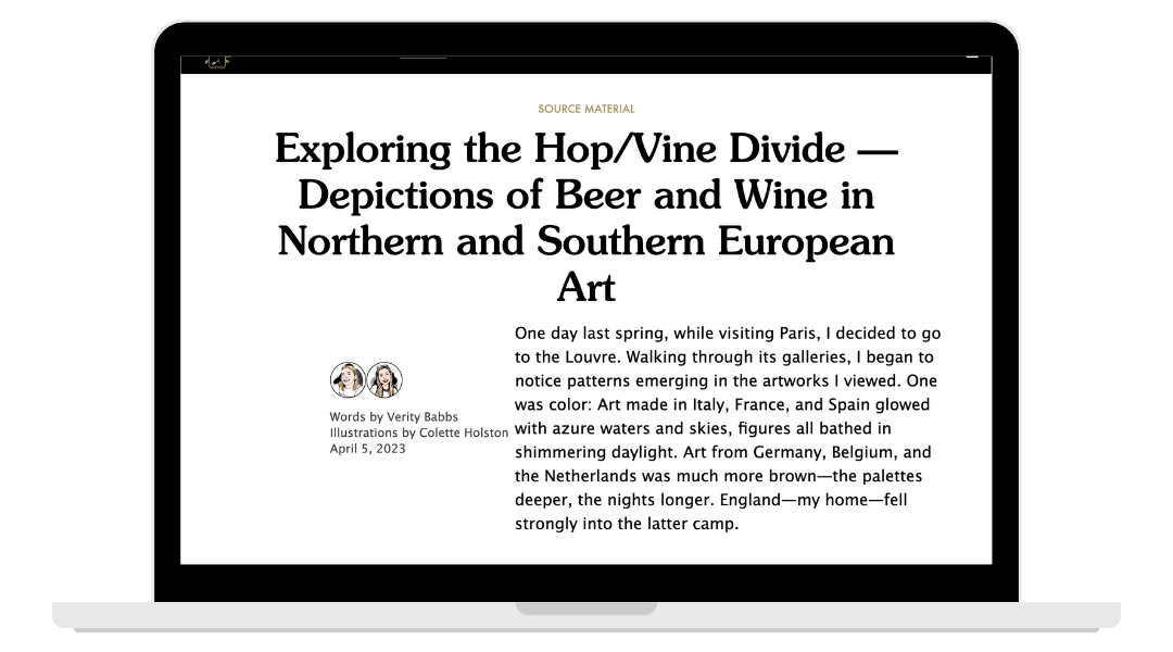 Screenshot of an article titled "Exploring the Hop/Vine Divide — Depictions of Beer and Wine in Northern and Southern European Art" on a webpage, with a brief introductory paragraph and author credits.
