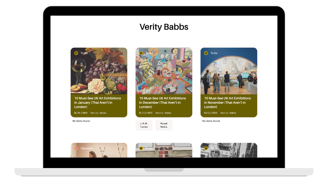 Laptop displaying a webpage titled 'Verity Babbs' featuring images of three upcoming UK art exhibitions with dates in January, December, and November, and labels such as 'To Do' and 'Discussion'.