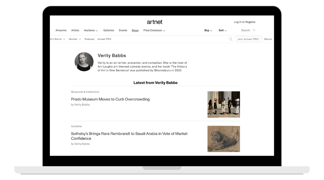 Screenshot of an art-related website homepage featuring artist Verity Babbs with articles about museum moves and art auctions.