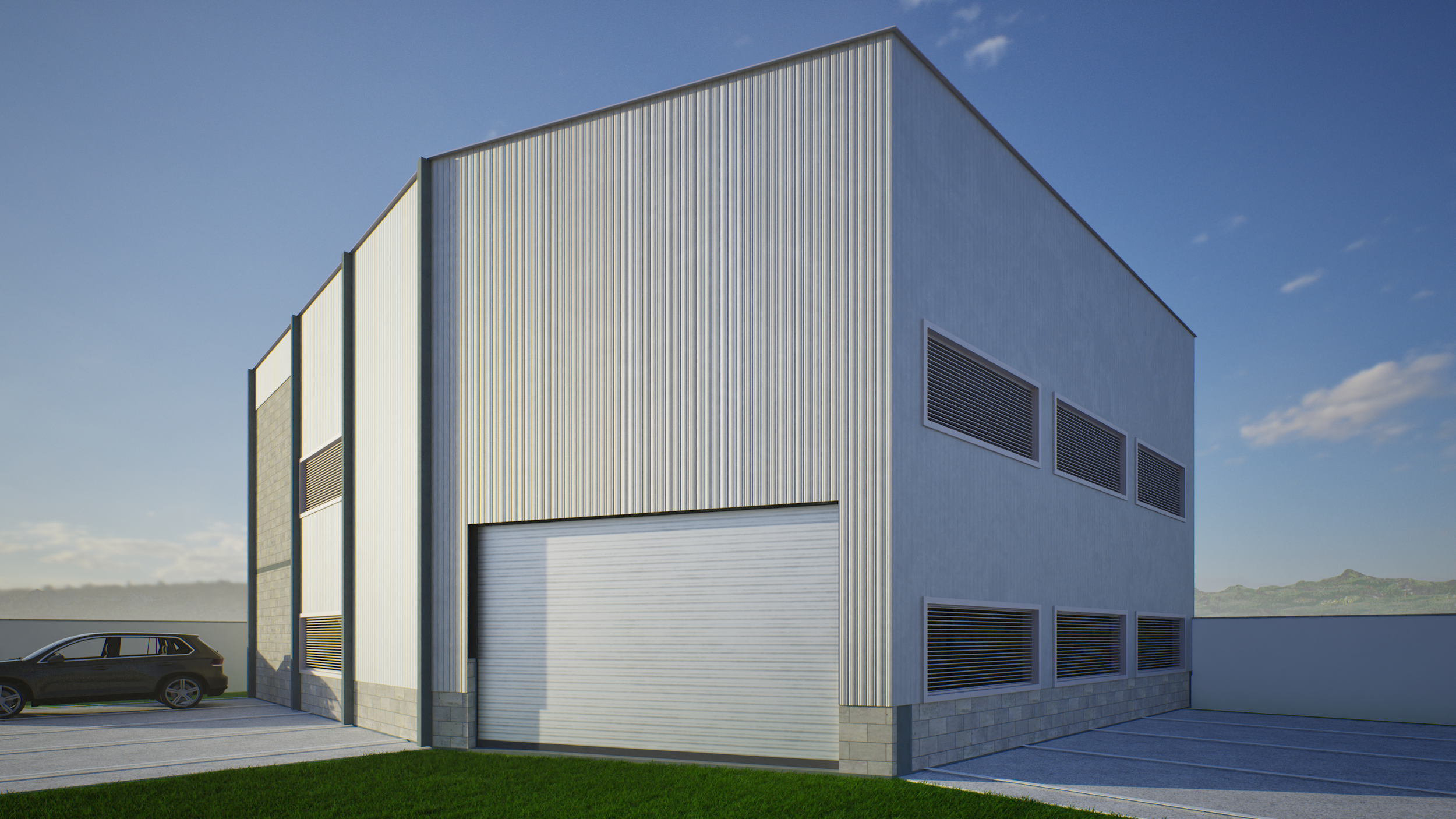A modern industrial building with a large roll-up garage door, metal siding, and several windows with louvers, with a black car parked to the side, under a blue sky.