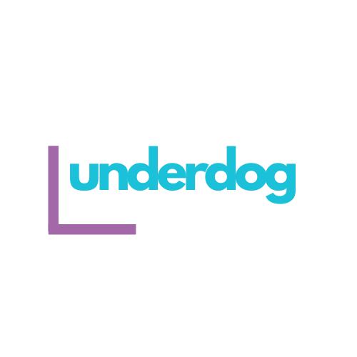 The UnderDog logo featuring the word 'underdog' in blue, with a purple corner on the bottom left and a white corner on the top right, on a black background.