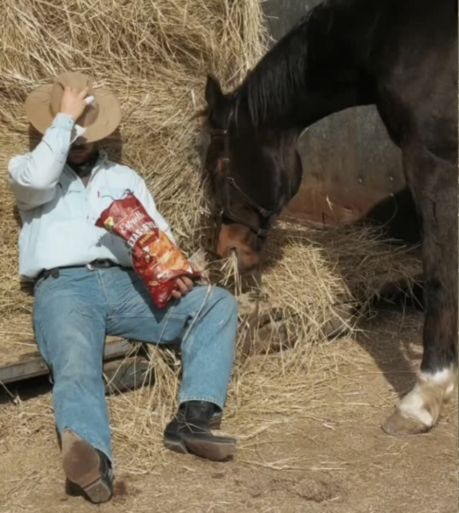 A man sitting on a wooden bench in a barn, wearing a tan cowboy hat, a white shirt, and jeans. He is holding a bag of animal feed on his lap, and a large black horse is nearby, eating hay from a pile. The man appears to be adjusting his hat while the horse is focused on the hay.