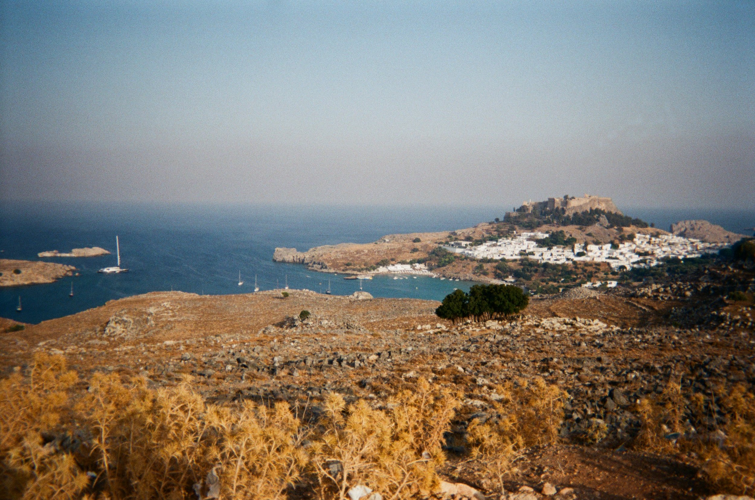 A coastal landscape with dry, rocky hills, sparse trees, and a small island with white buildings and a fortress on top, overlooking blue water with sailboats.