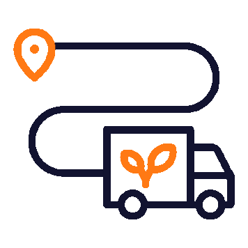 Delivery truck with a green leaf logo on the side, connected by a curved arrow to a location pin, representing eco-friendly delivery.