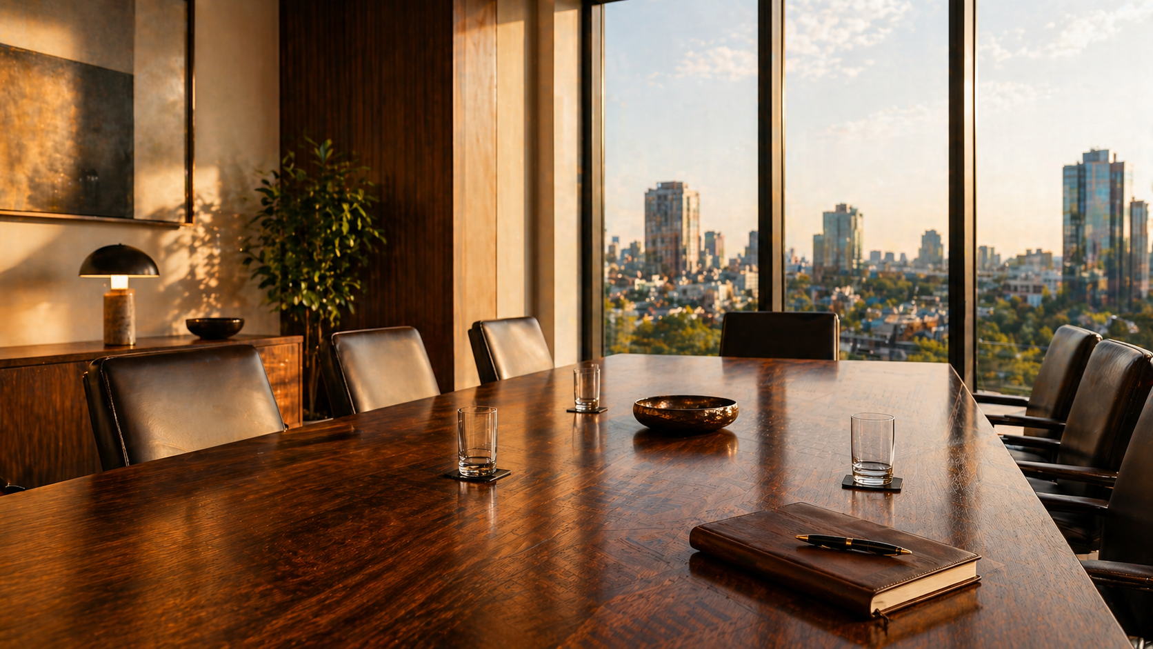 Empty conference room with a large wooden table, leather chairs, a notebook, pen, glasses, a bowl, and a lamp, overlooking a city skyline through large windows.