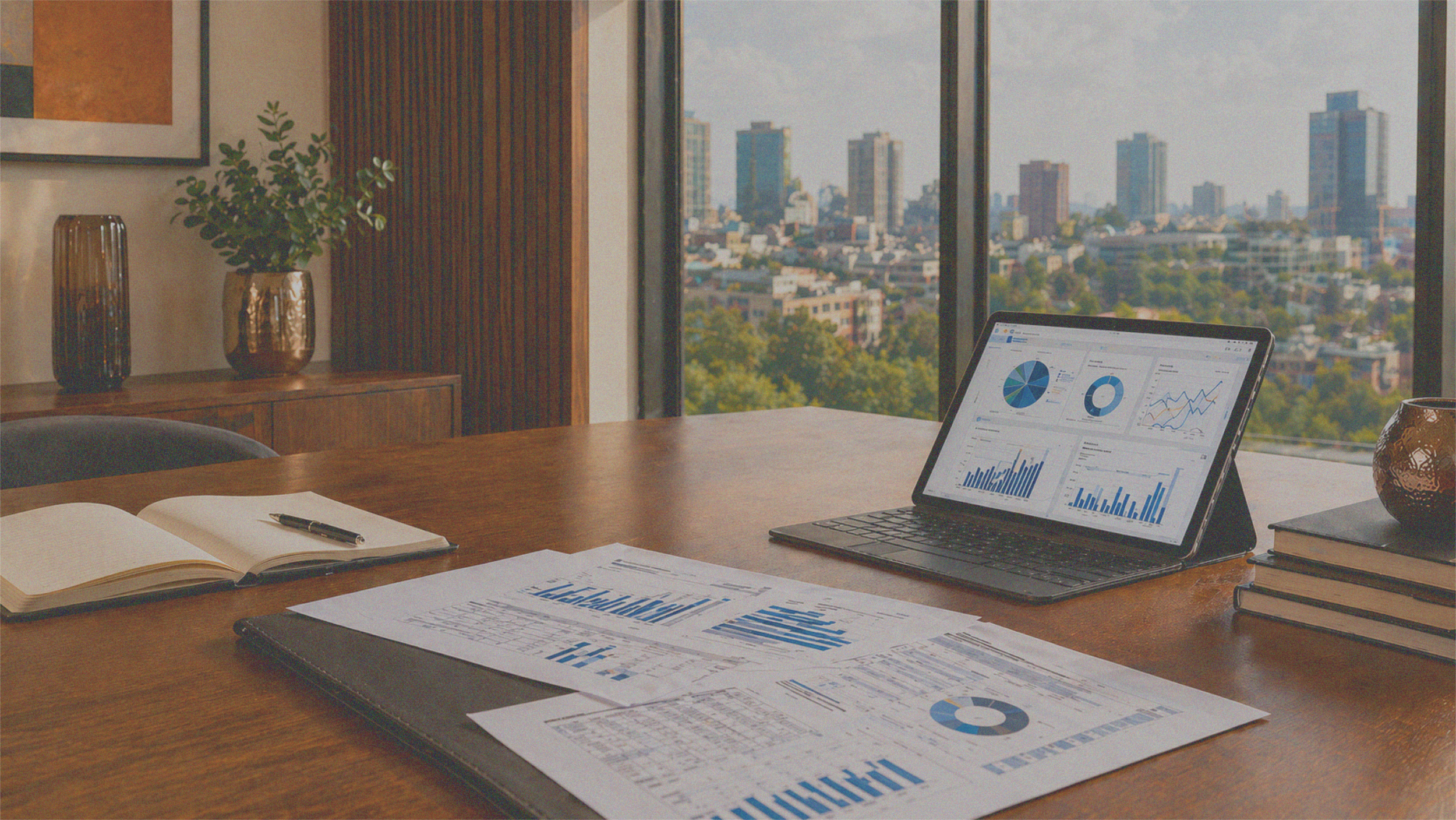 A conference room with a wooden table, on which there are notebooks, printed graphs, and a pen. A laptop displaying charts and graphs is open. In the background, large windows reveal a cityscape with high-rise buildings and a partly cloudy sky.