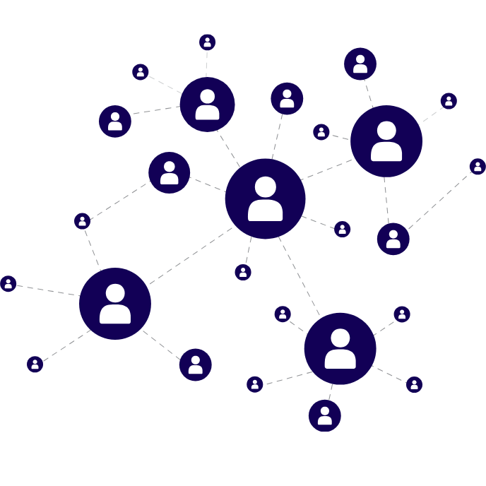 Diagram of interconnected white user icons within dark blue circles, representing a social network or communication web, on a black background.