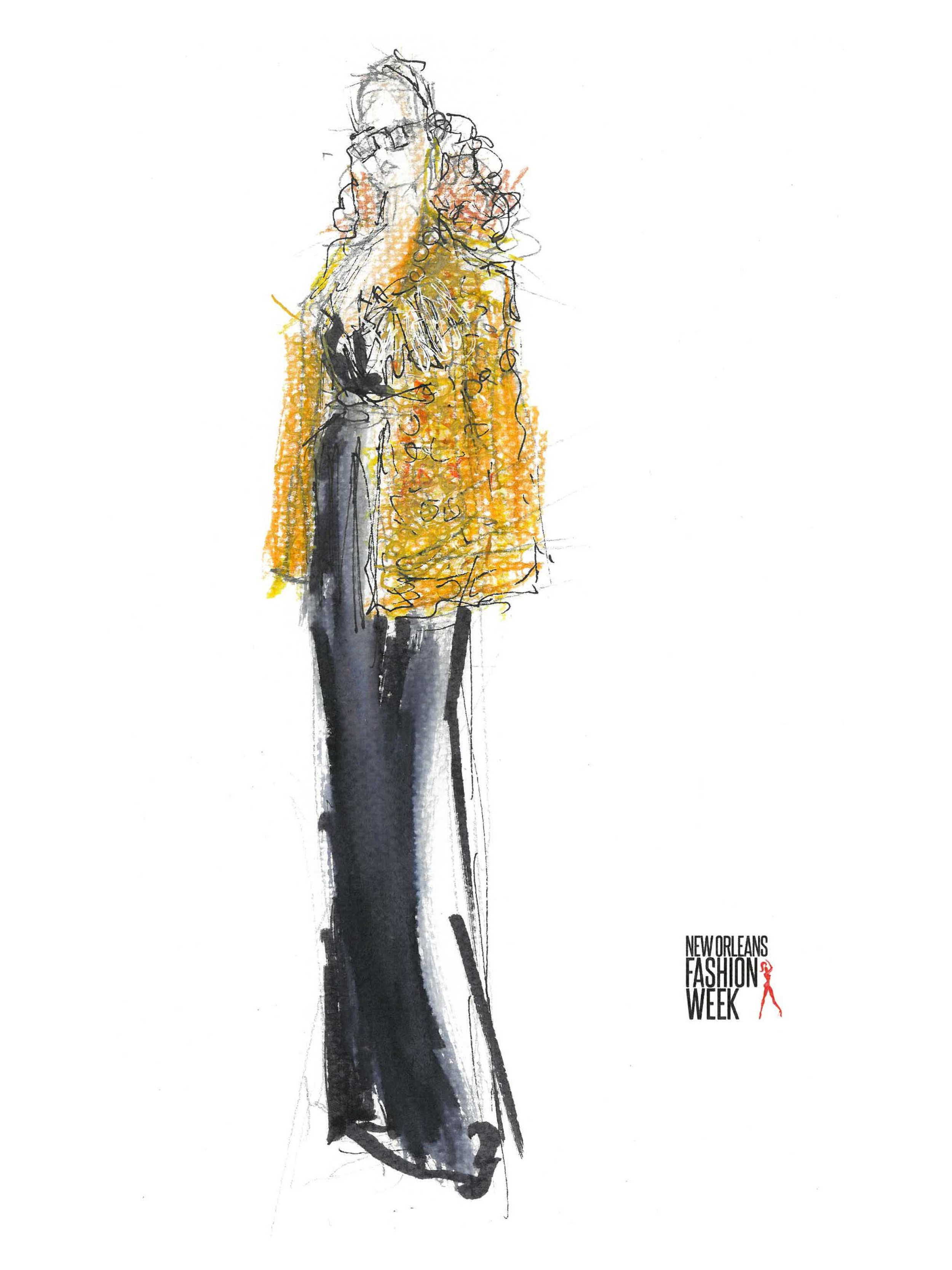 Fashion illustration of a woman in a yellow coat, black top, and wide-leg pants, with the text 'New Orleans Fashion Week' in the bottom right corner.