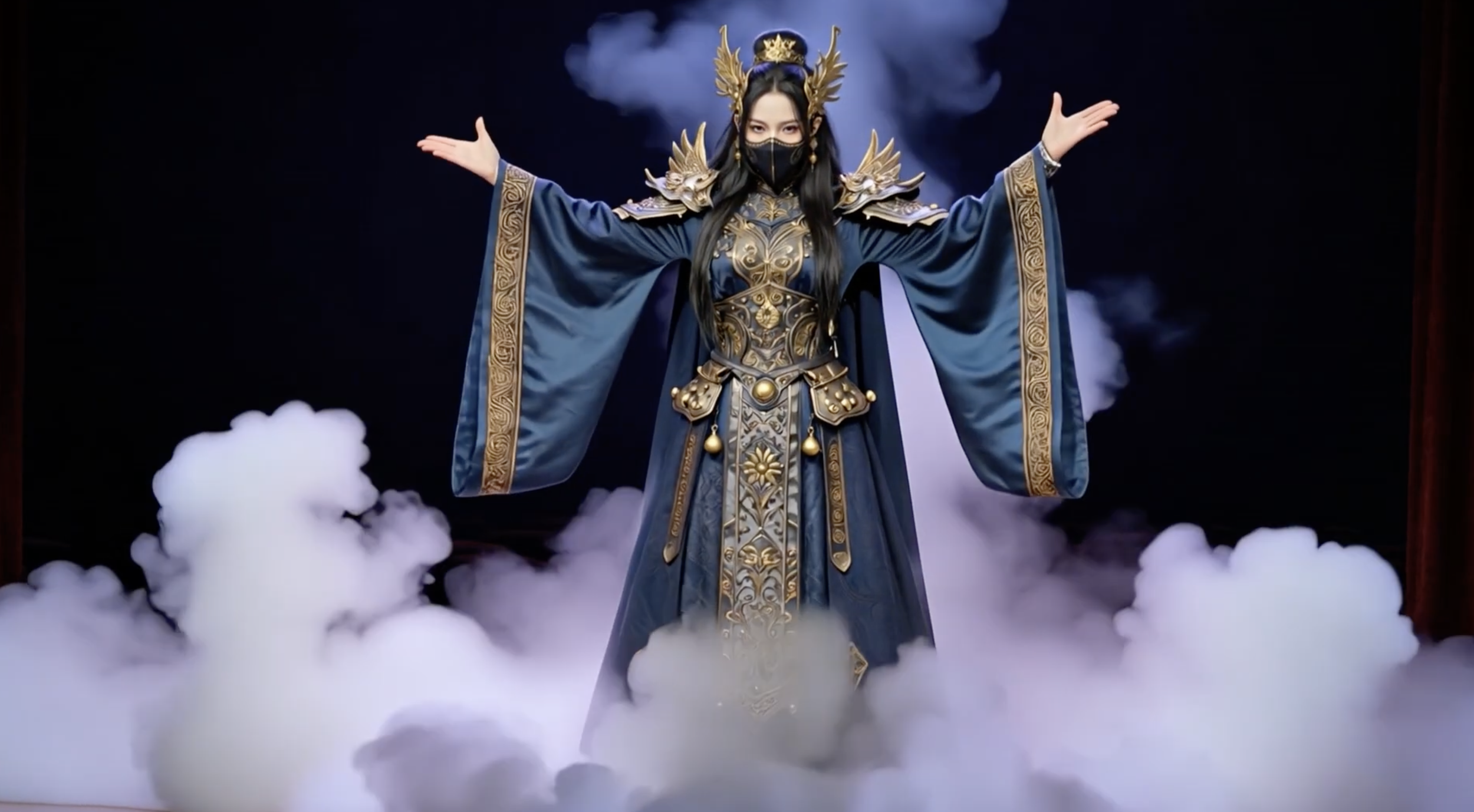 A woman dressed in ornate blue and gold costume with a crown and shoulder armor, wearing a black face mask, standing on a stage surrounded by fog or smoke.