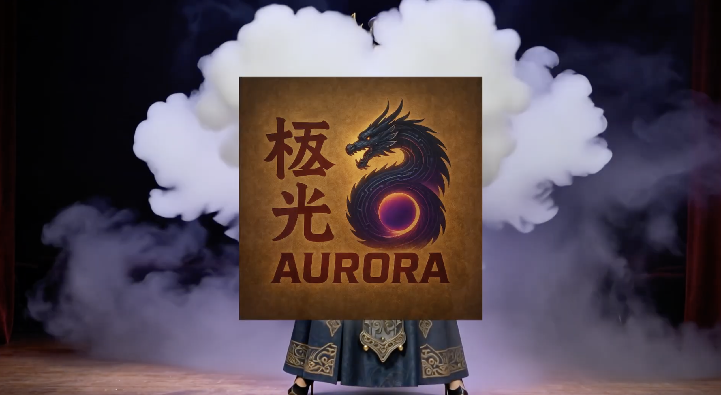 Person holding a sign with a dragon illustration and the text Aurora, with a background of thick white smoke.