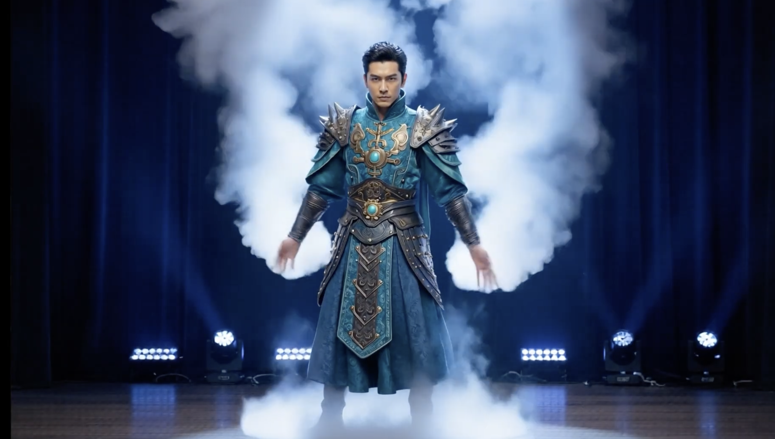 A man dressed in elaborate blue and silver armor with spikes on the shoulder pads stands on a stage with fog and blue lighting.