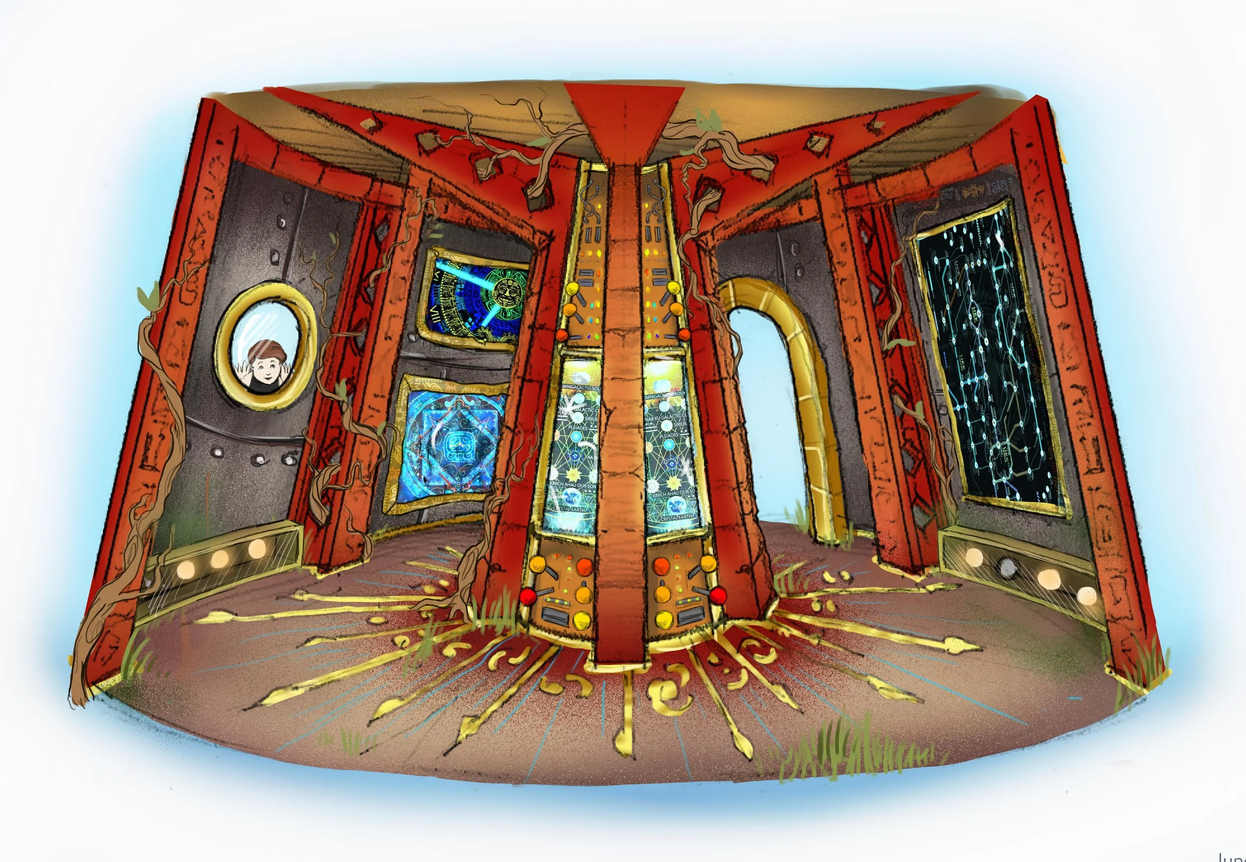 Illustration of an ancient or fantasy-style structure with vines growing on it, featuring several screens or panels displaying cosmic and futuristic designs, and a circular face in a frame on the left side.