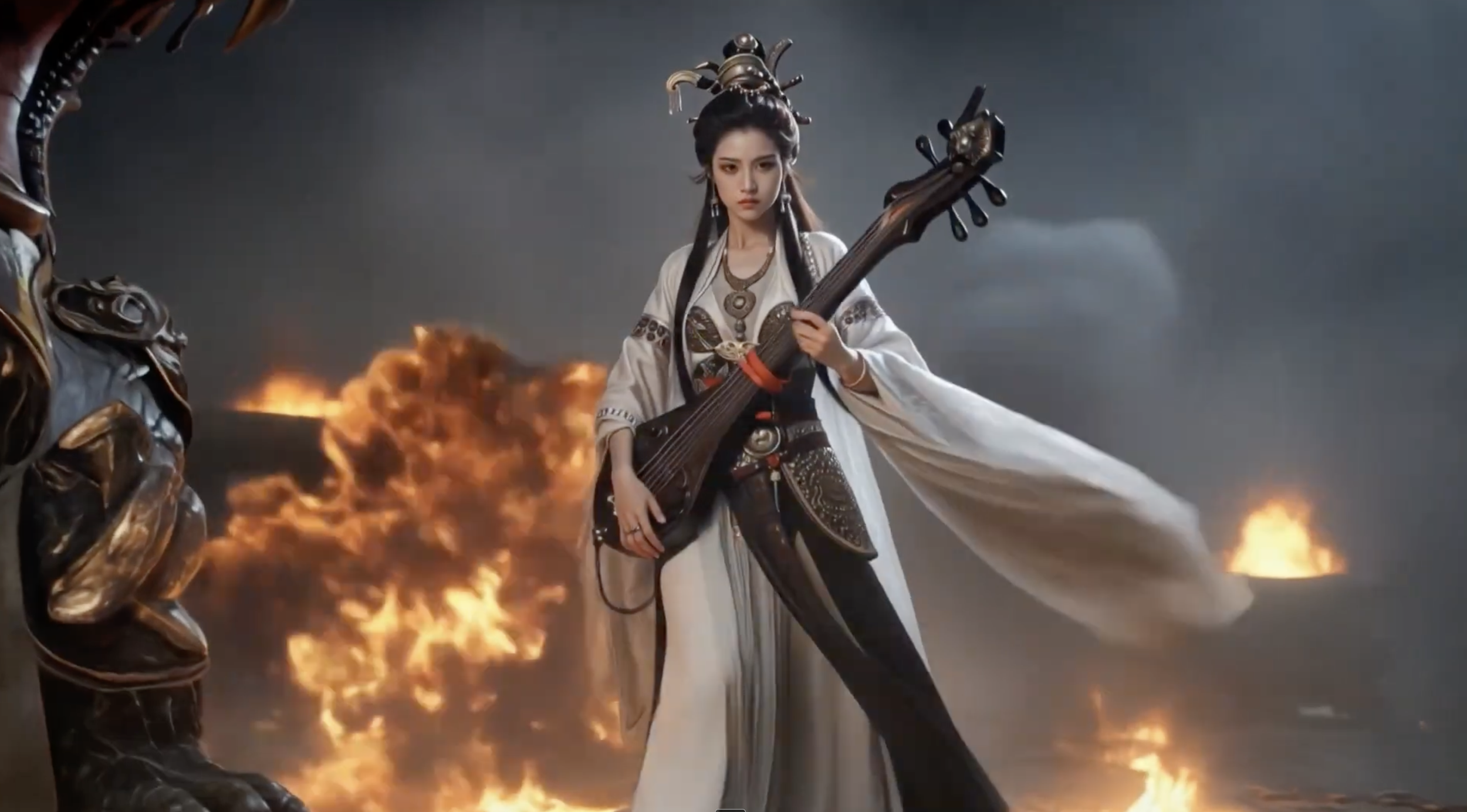 A woman dressed in traditional Asian clothing holding a guitar in a dramatic scene with fire and smoke in the background.