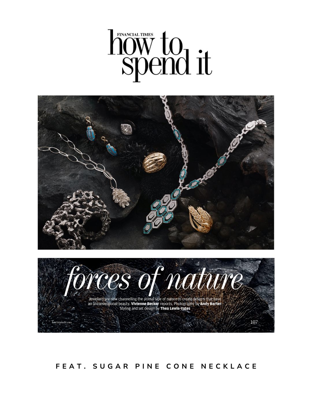 An array of jewelry including necklaces, rings, earrings, and bracelets displayed on black rocks with textured black background. The jewelry features gold, silver, turquoise, and diamond accents.