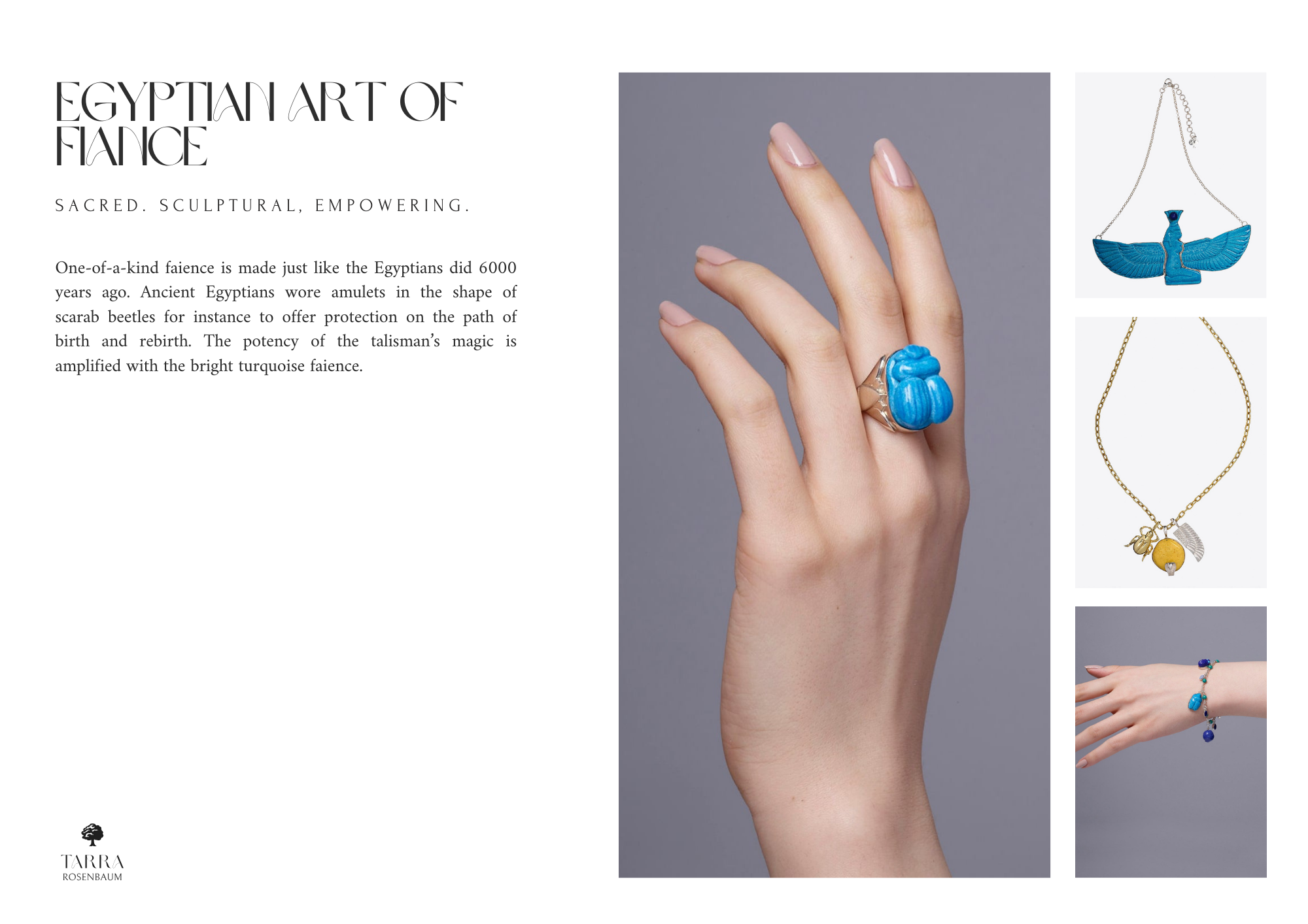 Display of Egyptian-inspired turquoise jewelry including a large turquoise ring, a blue winged scarab necklace, a gold and silver pendant necklace with an apple, and a bracelet with blue beads.