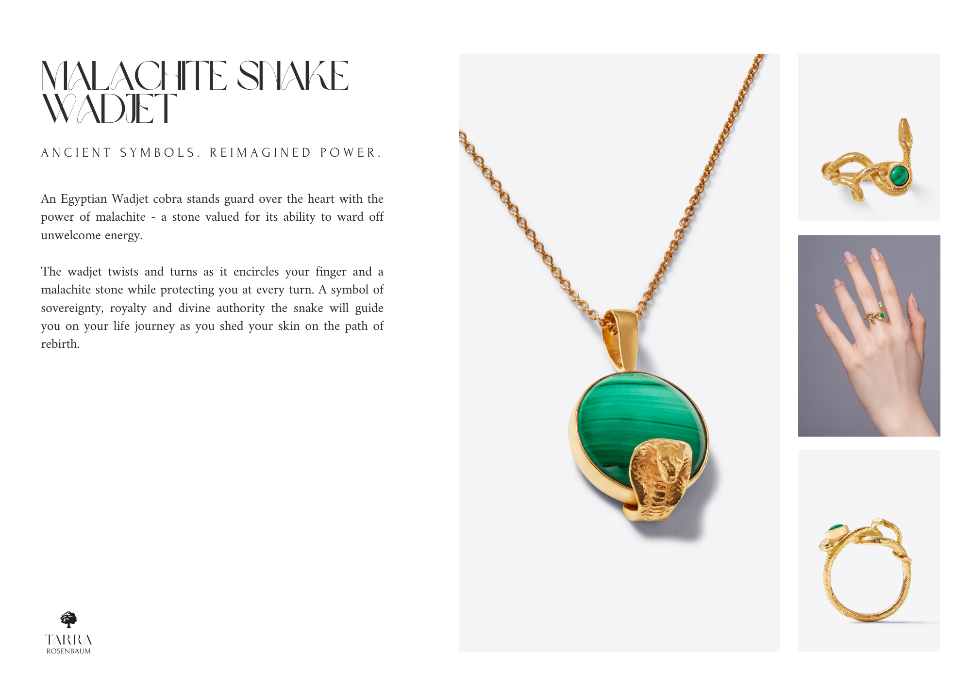 Brochure showcasing Malachite Snake Wadget jewelry collection with a necklace featuring a green malachite stone and gold snake design, a matching snake ring, a hand wearing the ring, and a close-up of the ring.