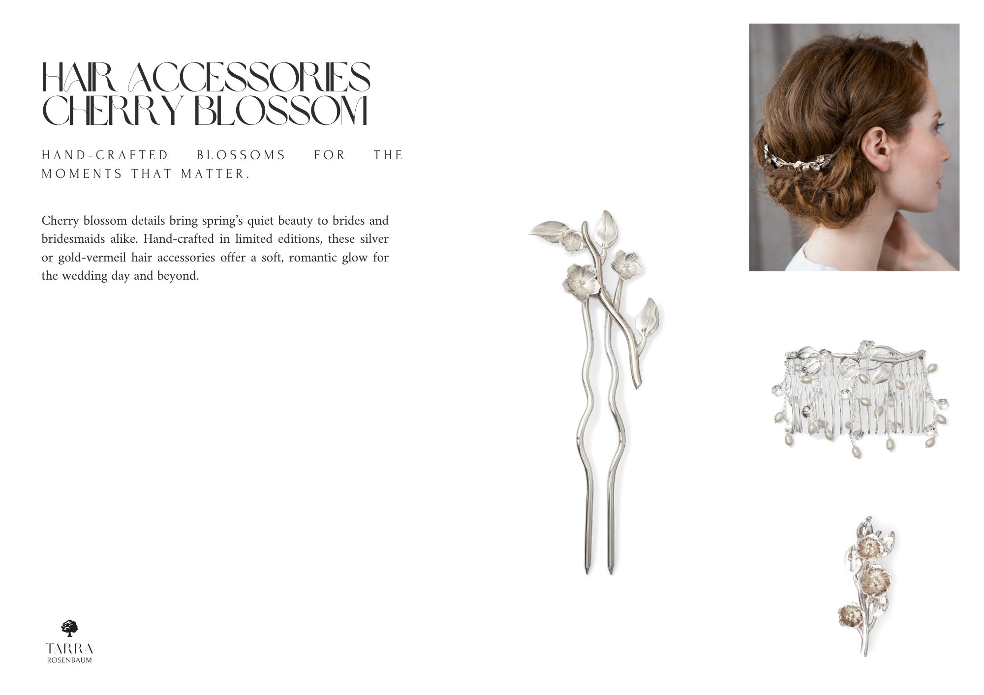 A product advertisement for cherry blossom hair accessories, including a photo of a woman with styled hair, and images of silver and gold-vermeil cherry blossom hairpins and a comb with floral designs.