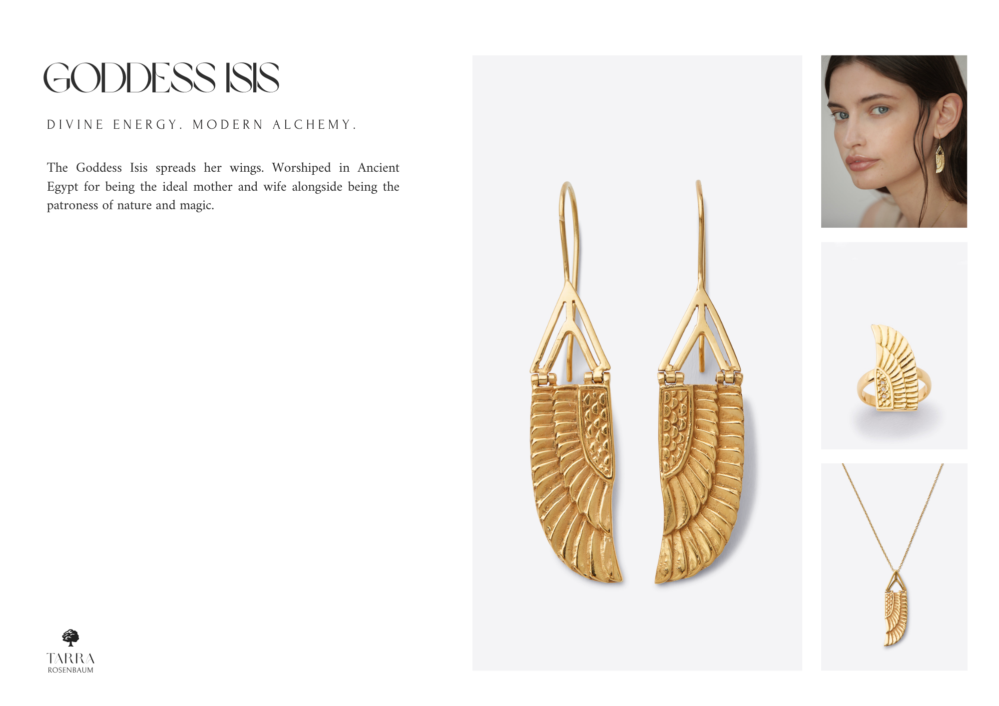 Jewelry collection titled 'Goddess Isis' featuring gold earrings, a gold ring, and a gold necklace with feather motifs, alongside a woman with dark hair wearing a feather earring.